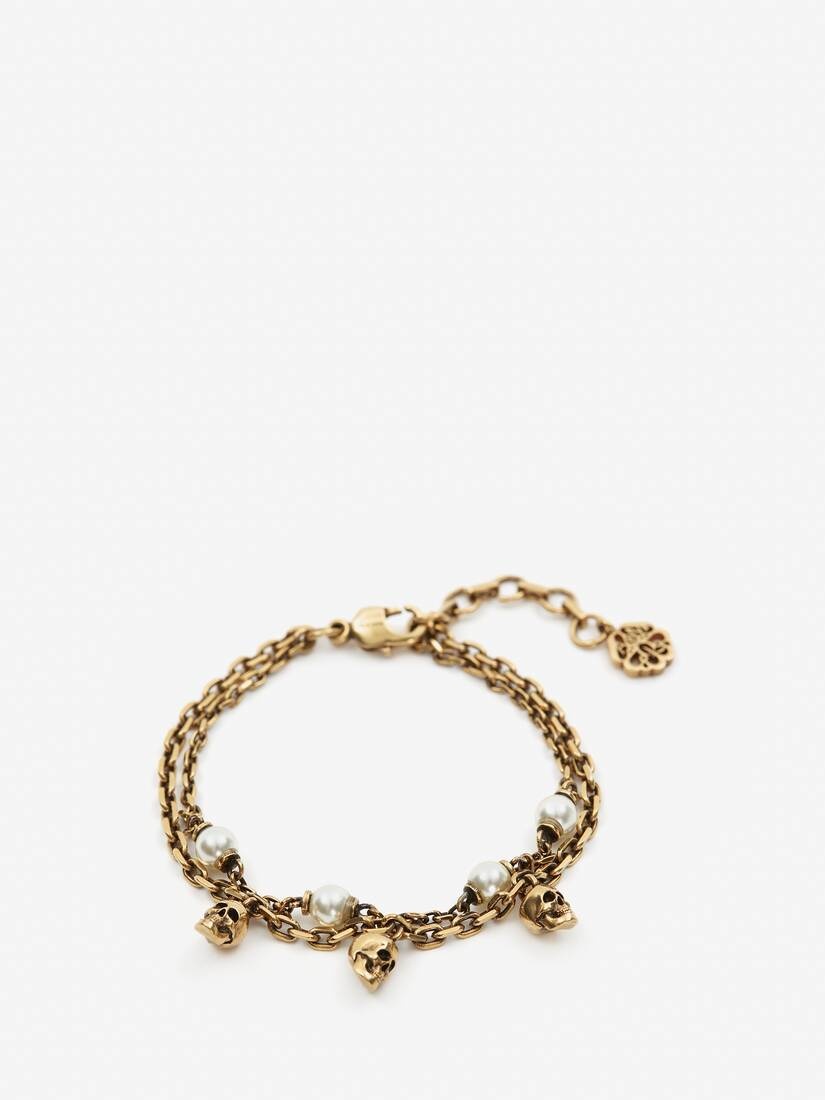 Women's Pearl Skull Chain Bracelet in Antique Gold - 1