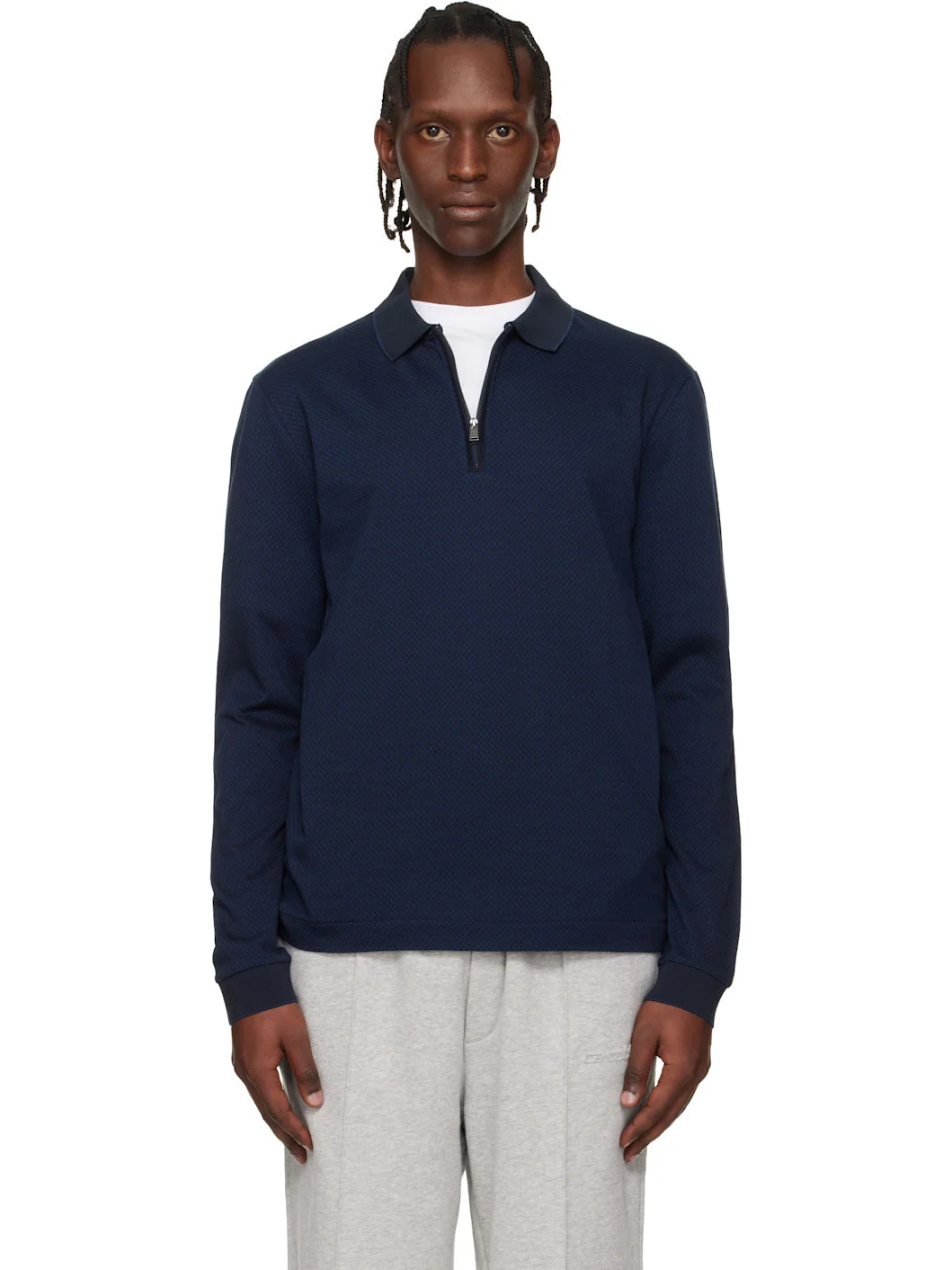 Navy Two-Tone Structure Mercerised-Cotton Polo - 1