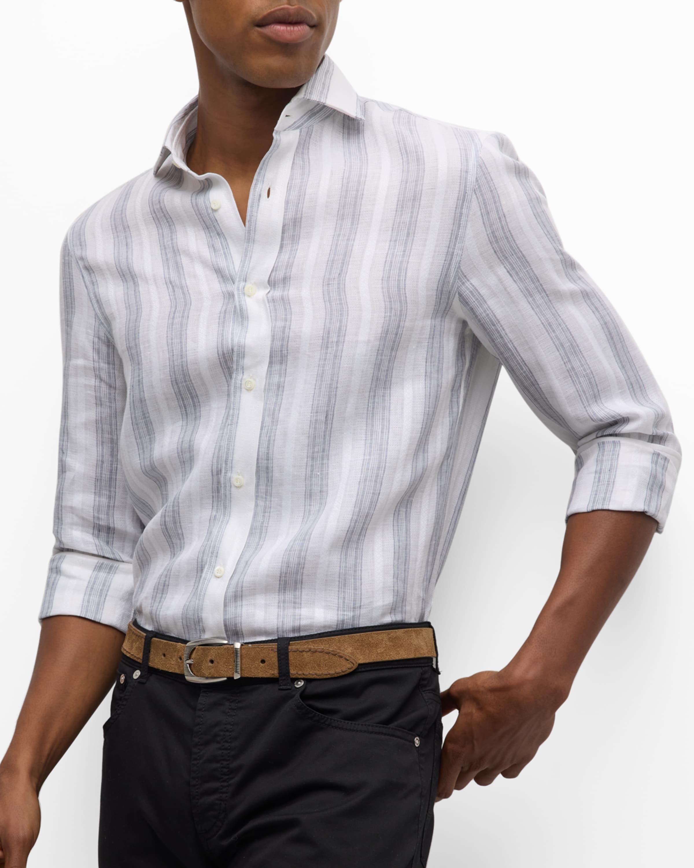 Men's Linen Multi-Stripe Casual Button-Down Shirt - 4