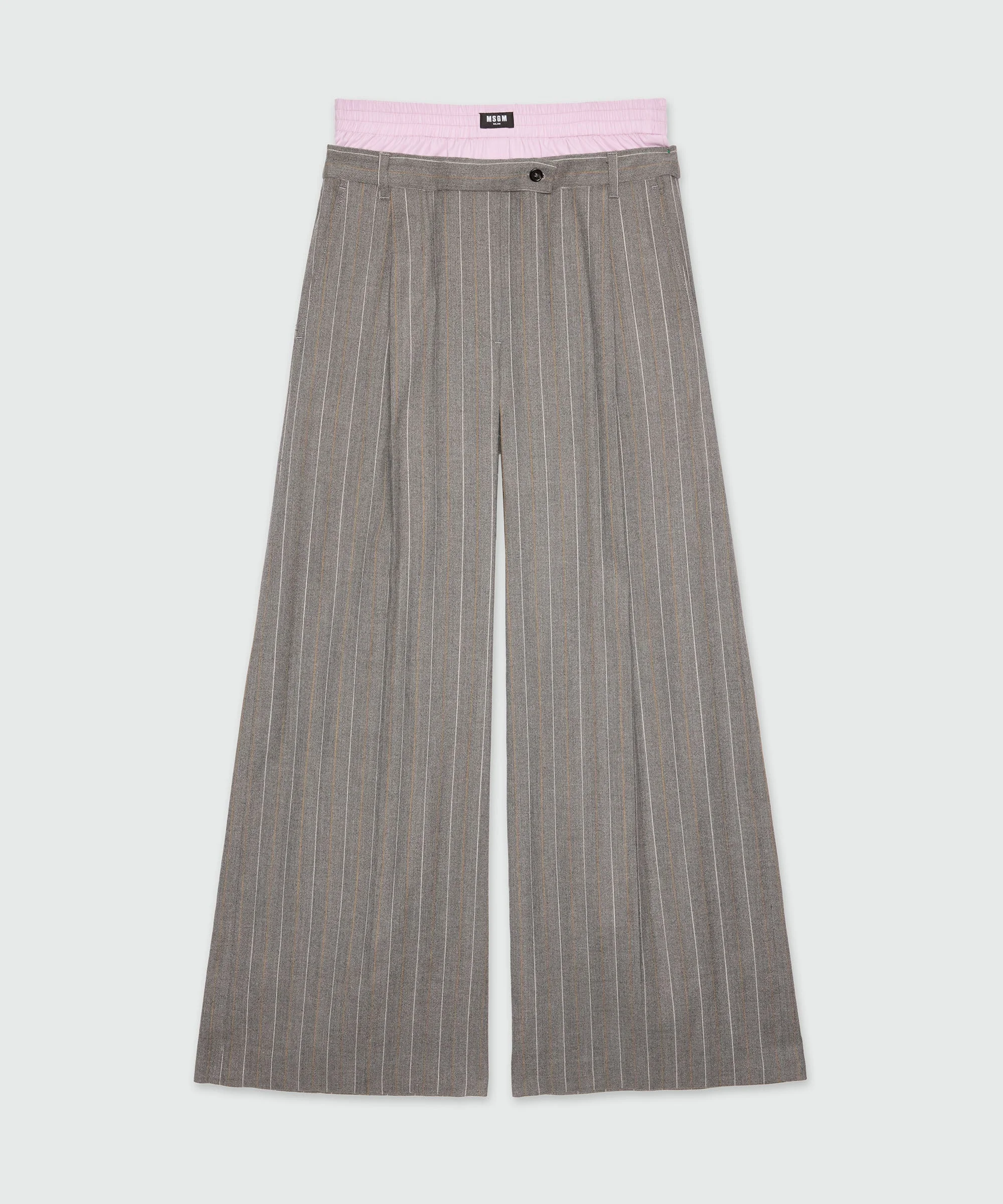 Wide-leg trousers in light wool with a pinstripe pattern in grey melange with elastic. - 1