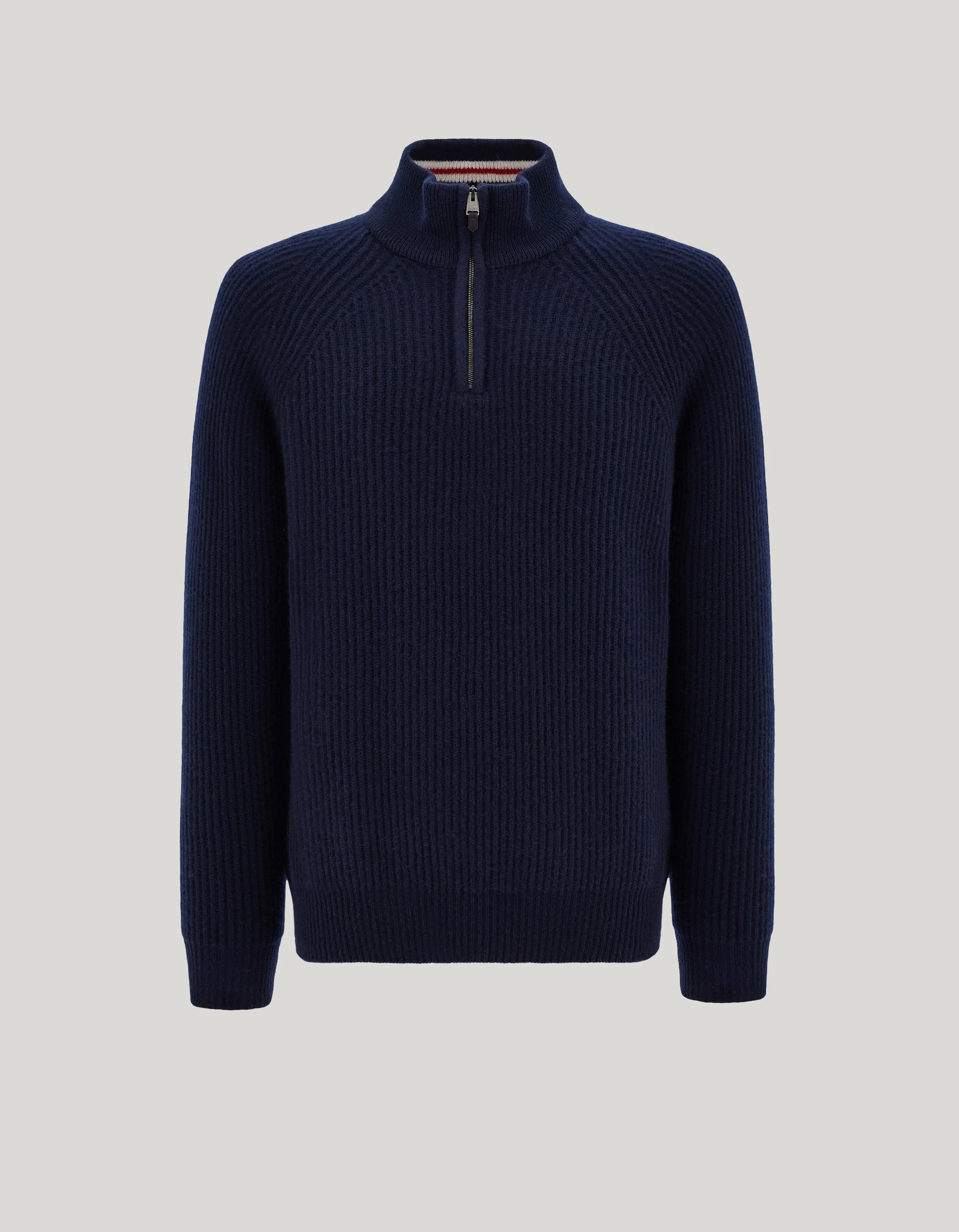 NAVY BLUE CASHMERE ENGLISH RIB ZIPPERED MOCK NECK SWEATER - 1
