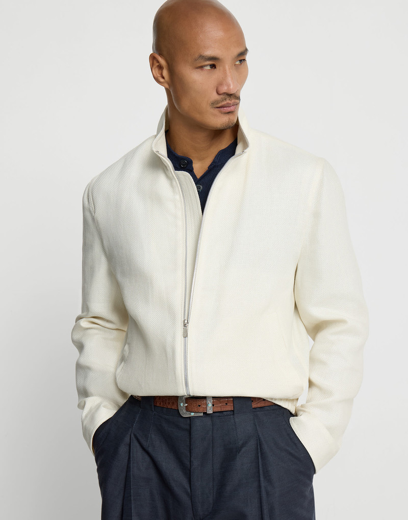 Silk, linen and wool hopsack outerwear jacket with stand collar 5
