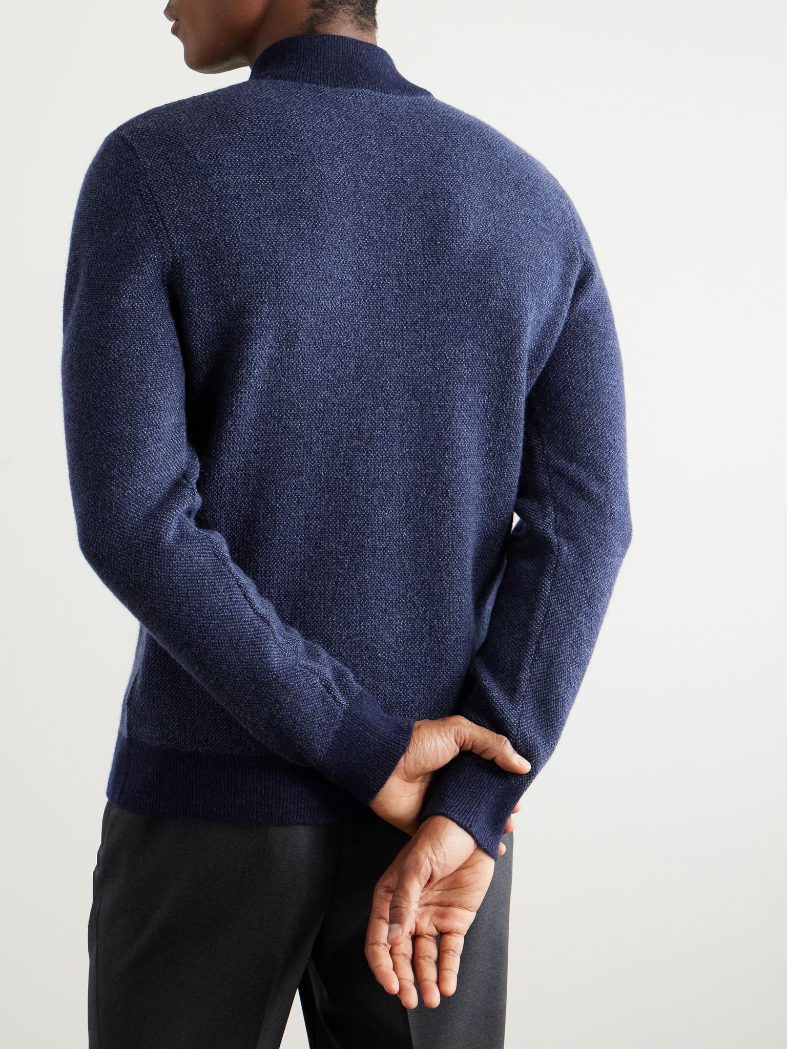 Slim-Fit Suede-Trimmed Cashmere Half-Zip Sweater Navy - 4