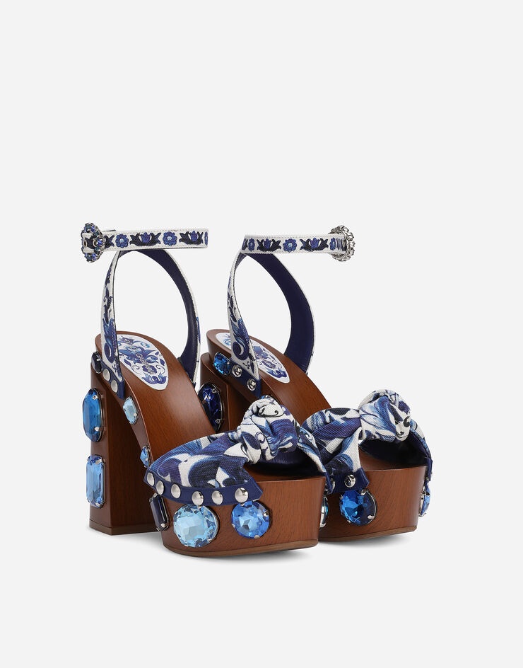 Majolica-print canvas wedge sandals with gemstones - 2