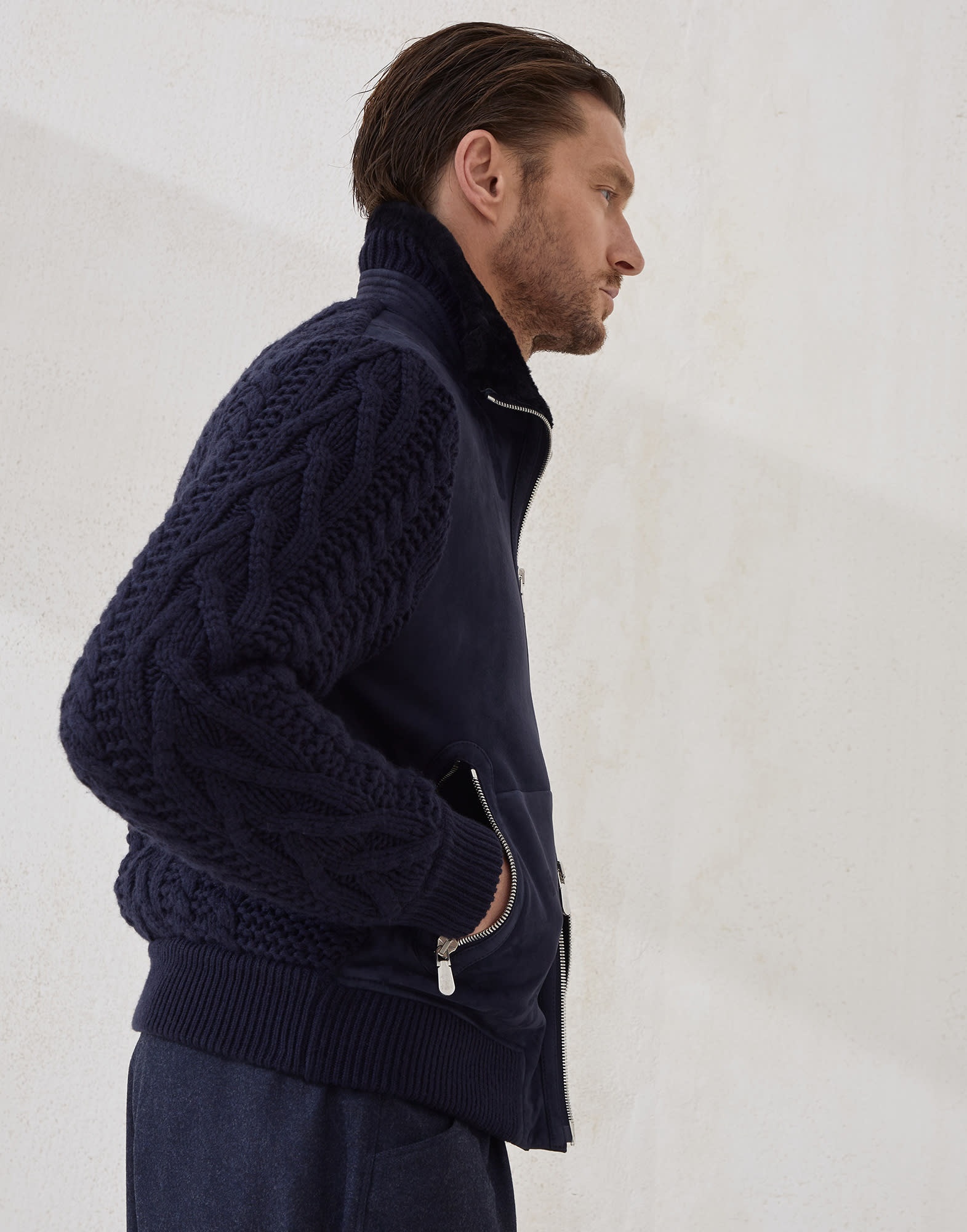 Suede shearling and cashmere knit bomber jacket with Thermore® padding - 4