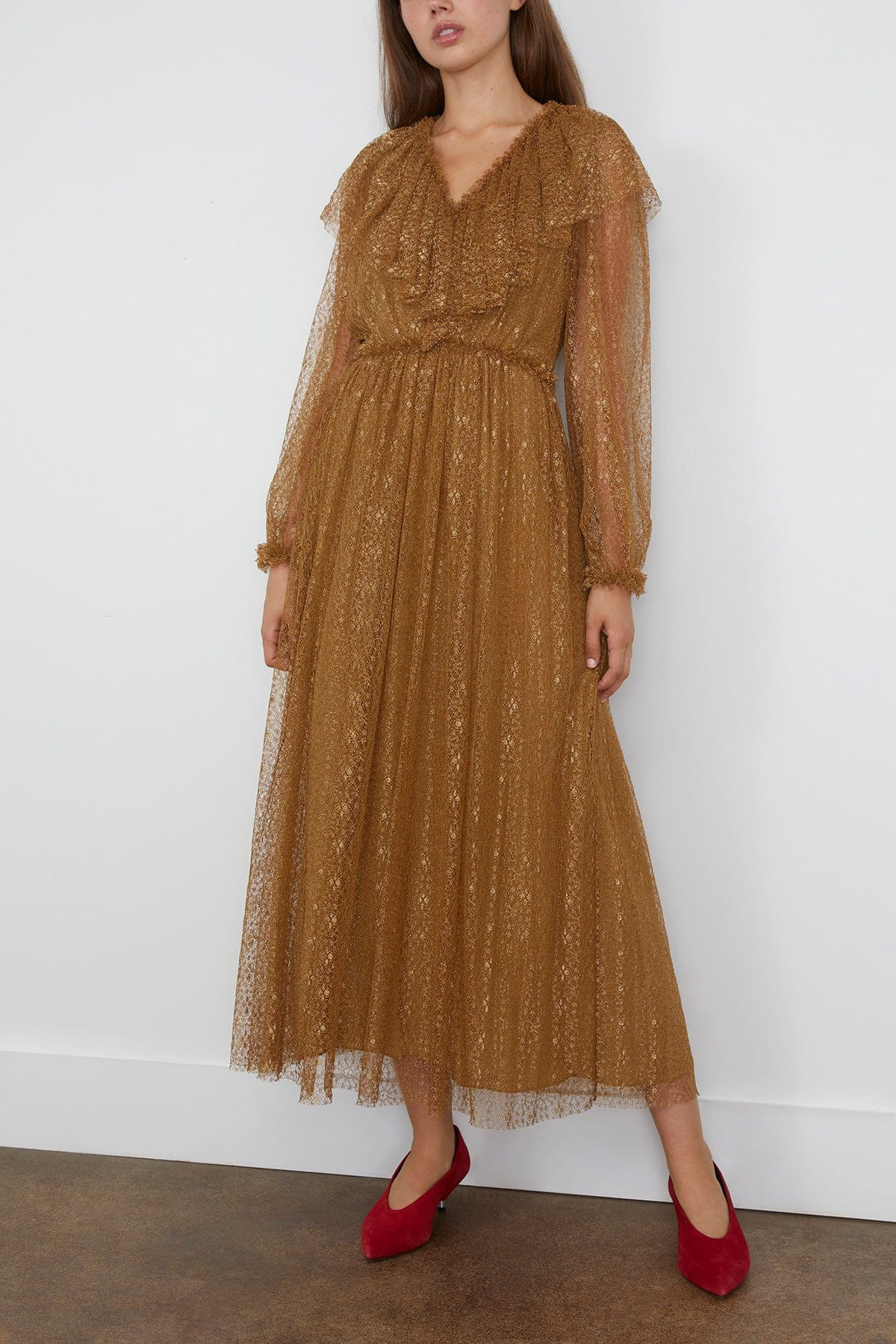 Helena Ruffle Neckline Long Sleeve Dress in Burnish - 3