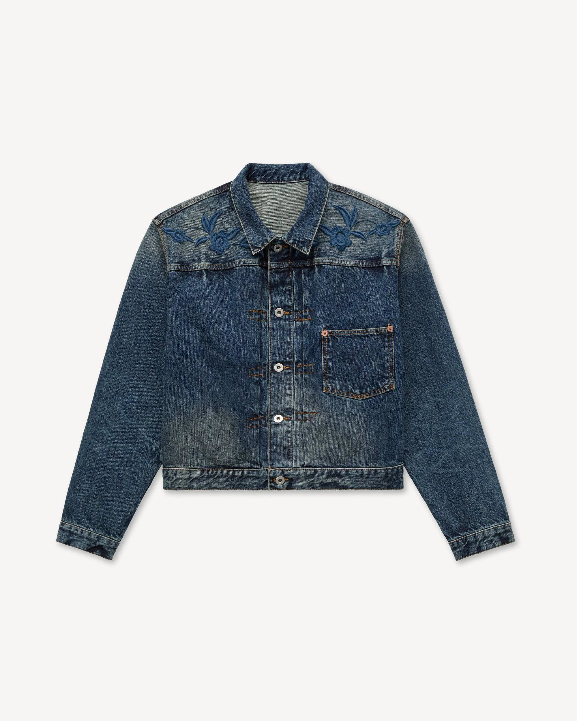 'KENZO Wildflower' cropped pleated trucker jacket in japanese denim - 1
