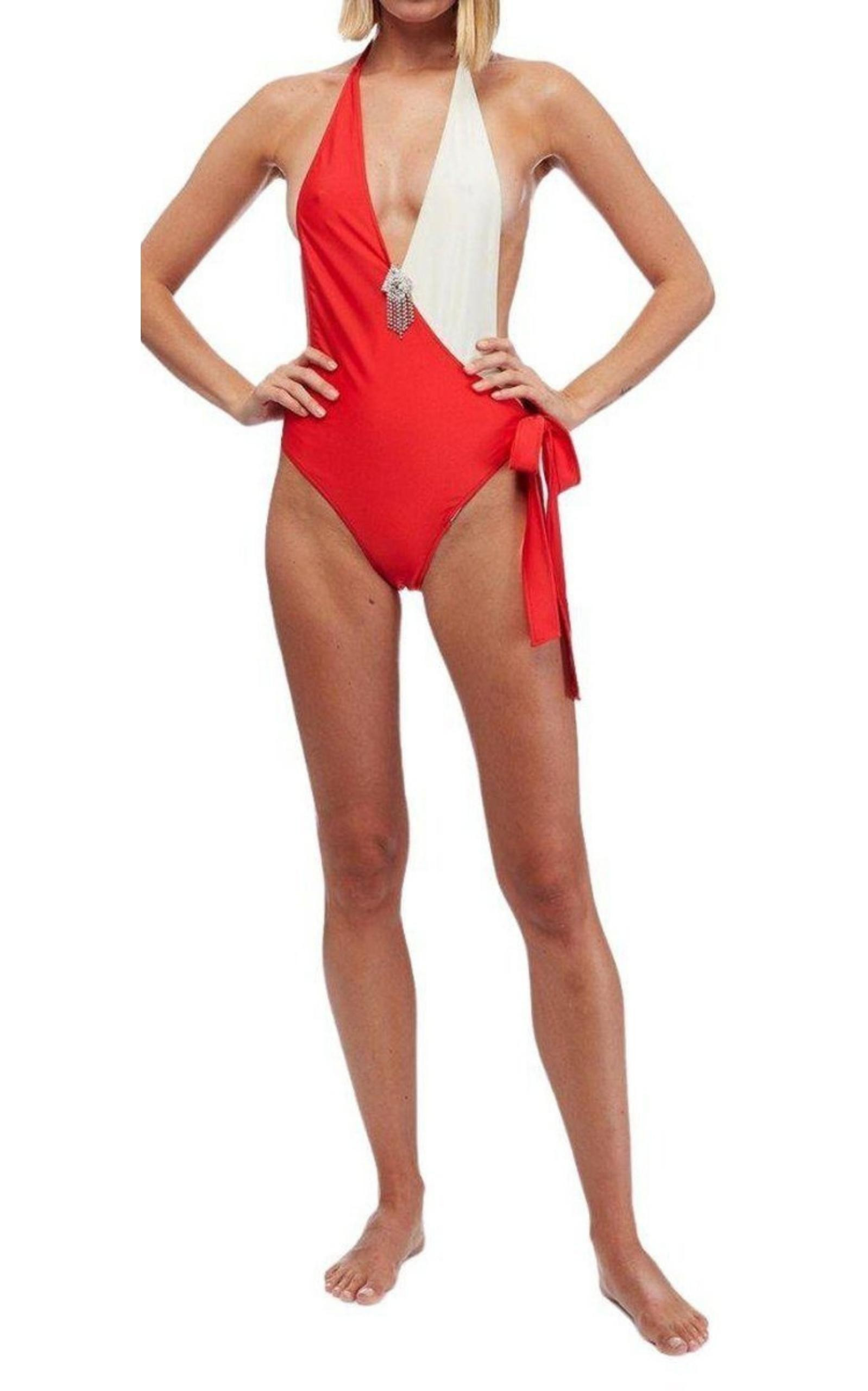 Embellished Colorblocked White & Red Swimsuit - 3