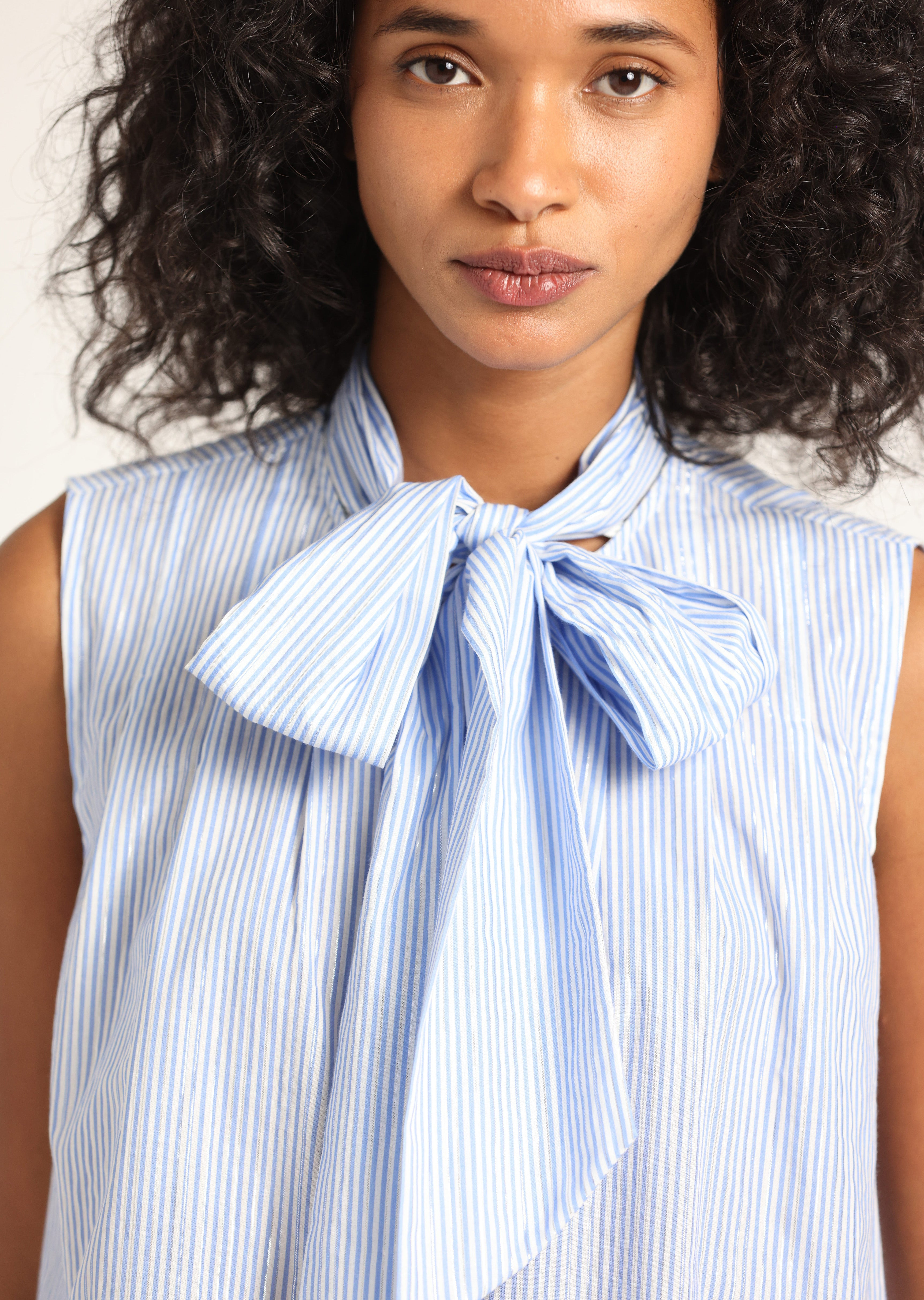 AVIANA LUREX STRIPE VOILE TIE NECK SLEEVELESS TOP - 2