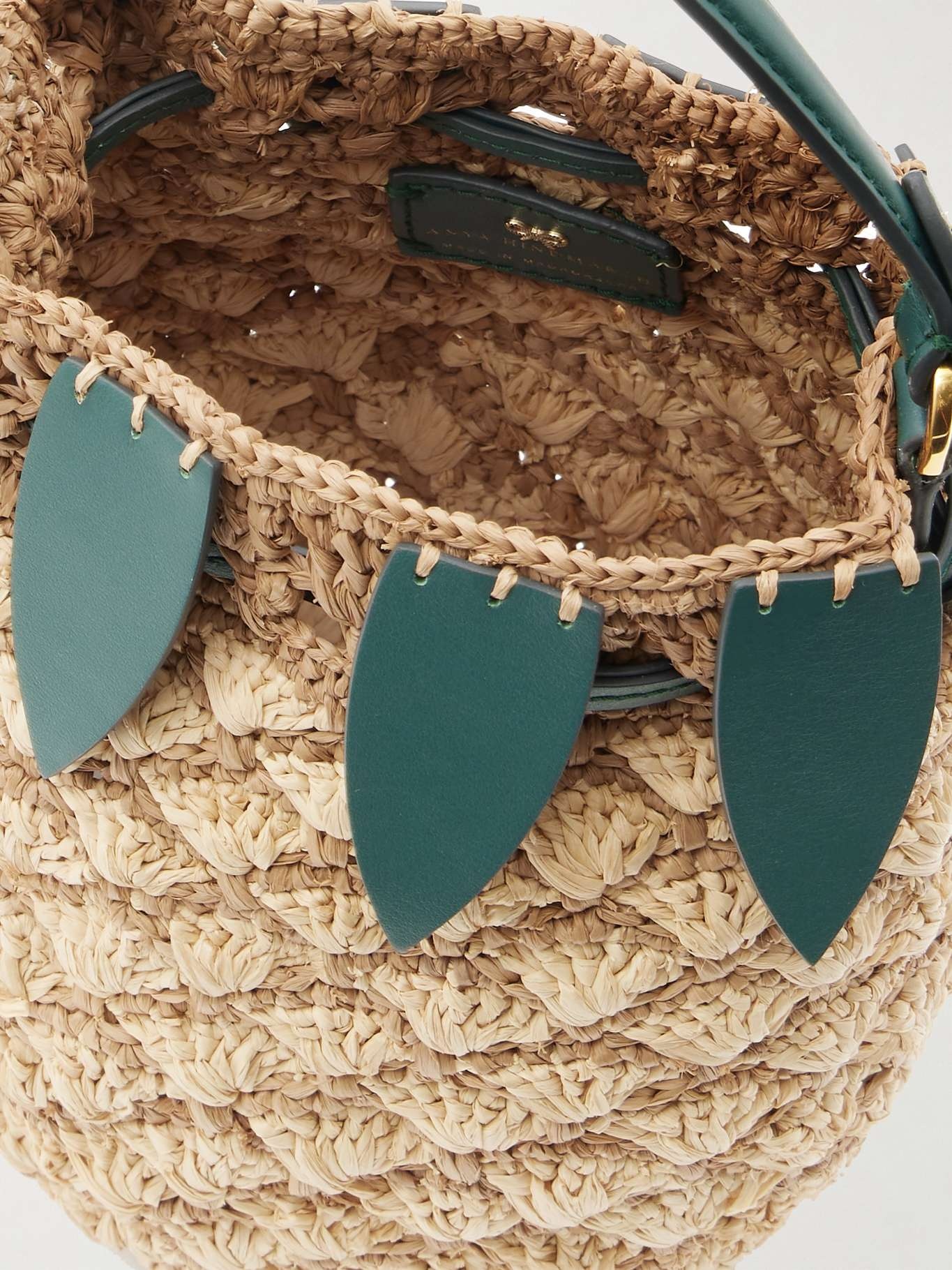 Pineapple leather-trimmed raffia bucket bag Neutral - 5