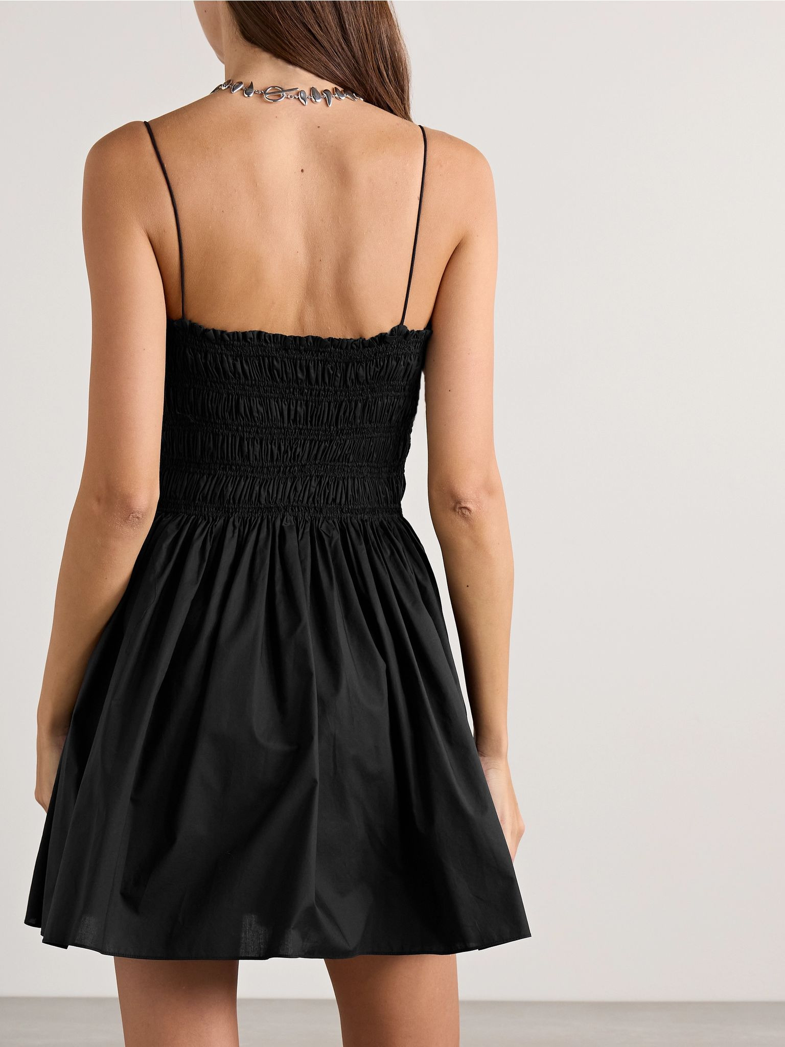 Shirred organic cotton-poplin mini dress Black - 3