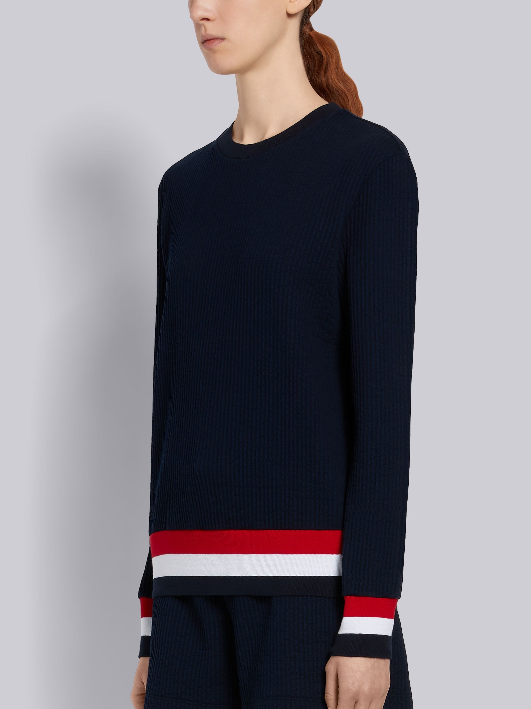 Navy Cotton Seersucker Tri-color Trim Crewneck Sweatshirt - 2