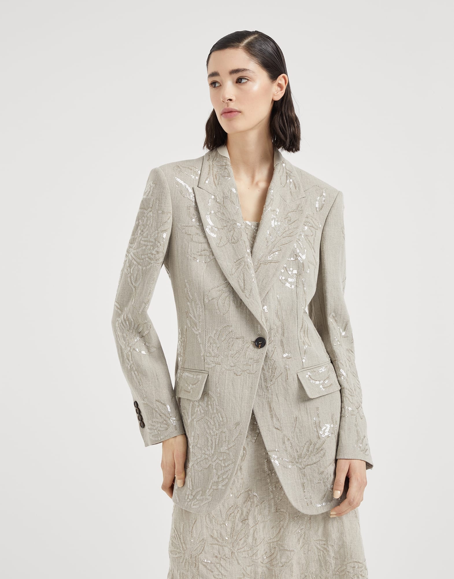 Linen canvas blazer with dazzling flower embroidery - 1