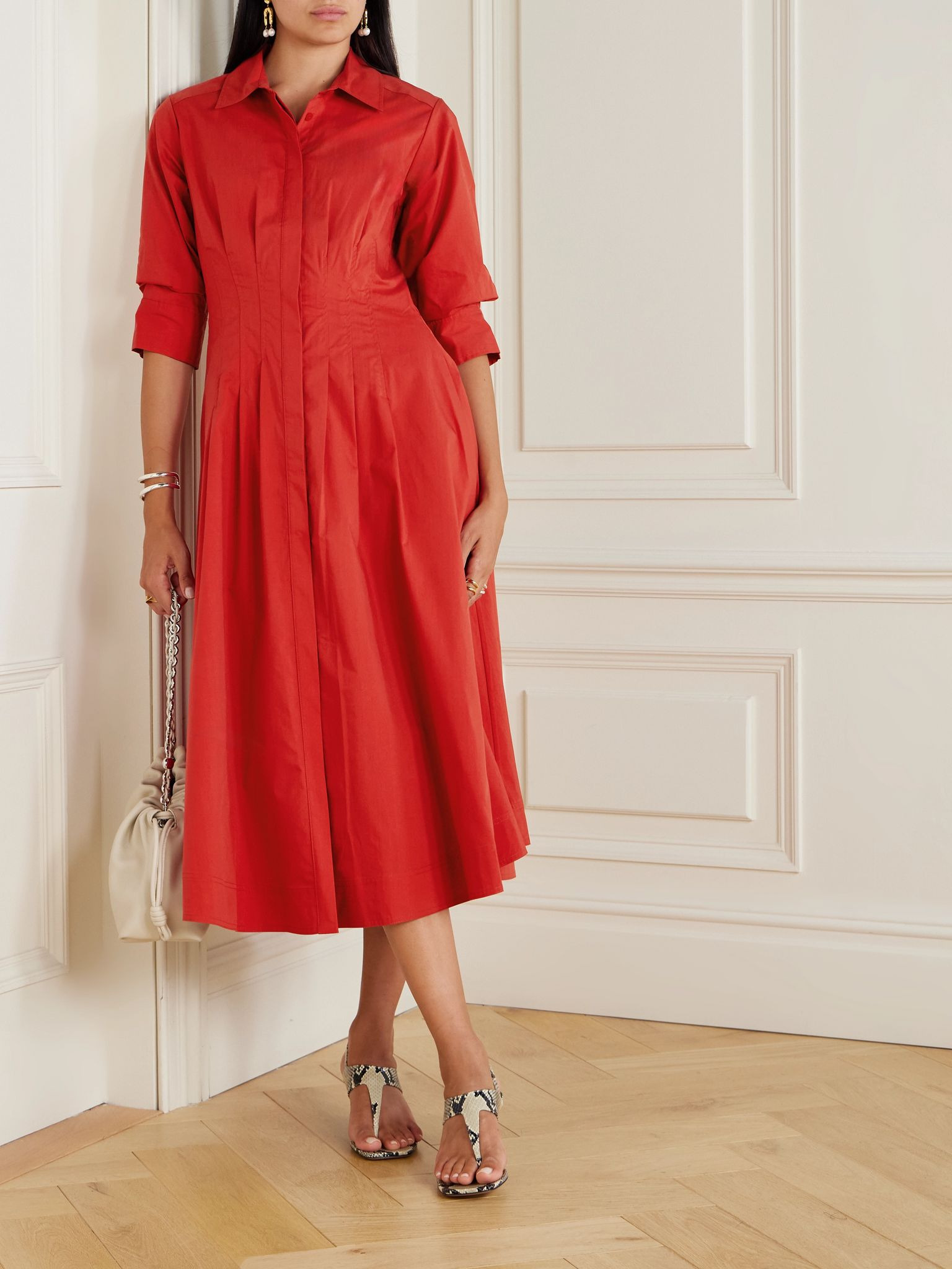 Jazz pleated cotton-blend poplin midi shirt dress Red - 2