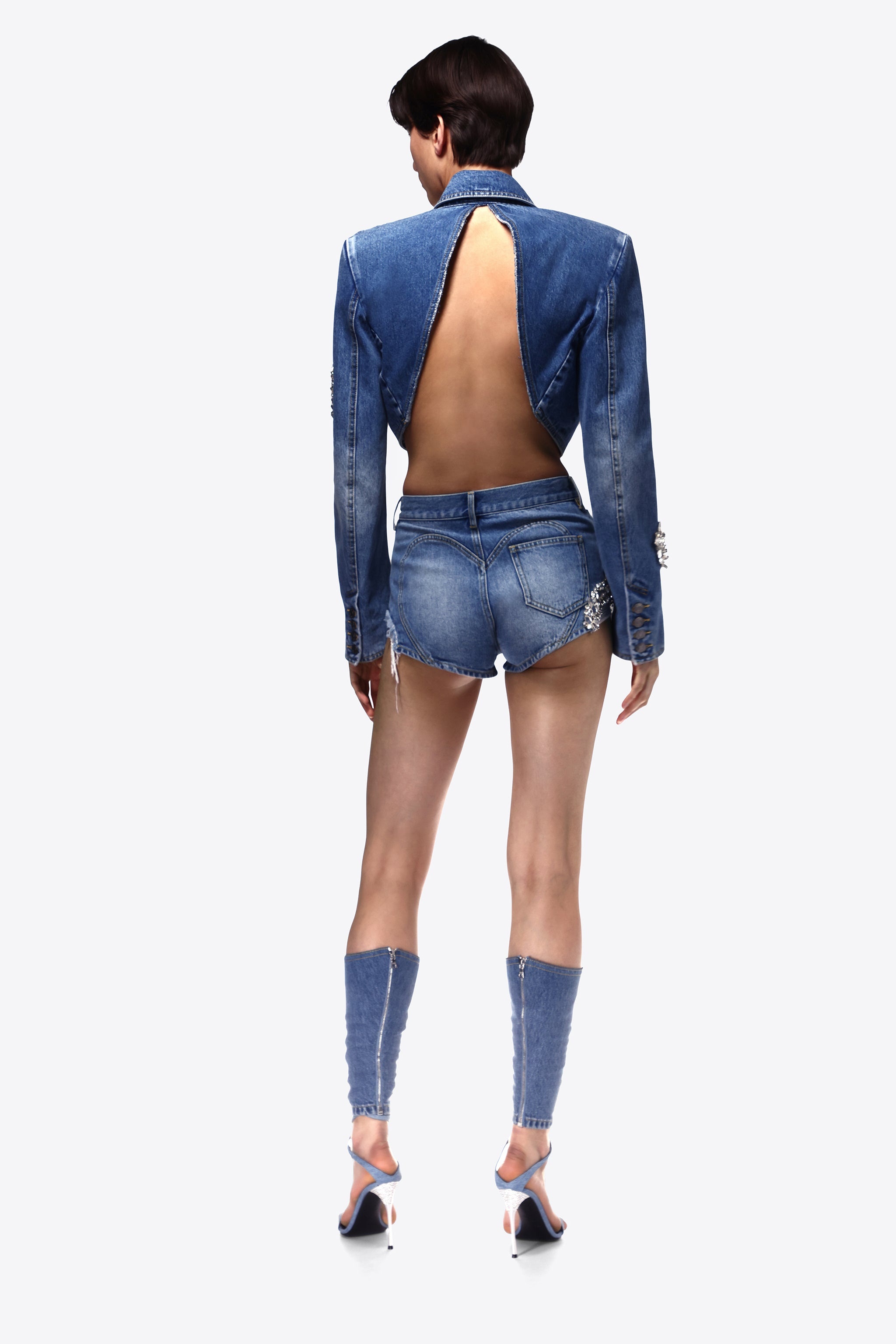 DISTRESSED CRYSTAL DENIM CROPPED BLAZER - 3