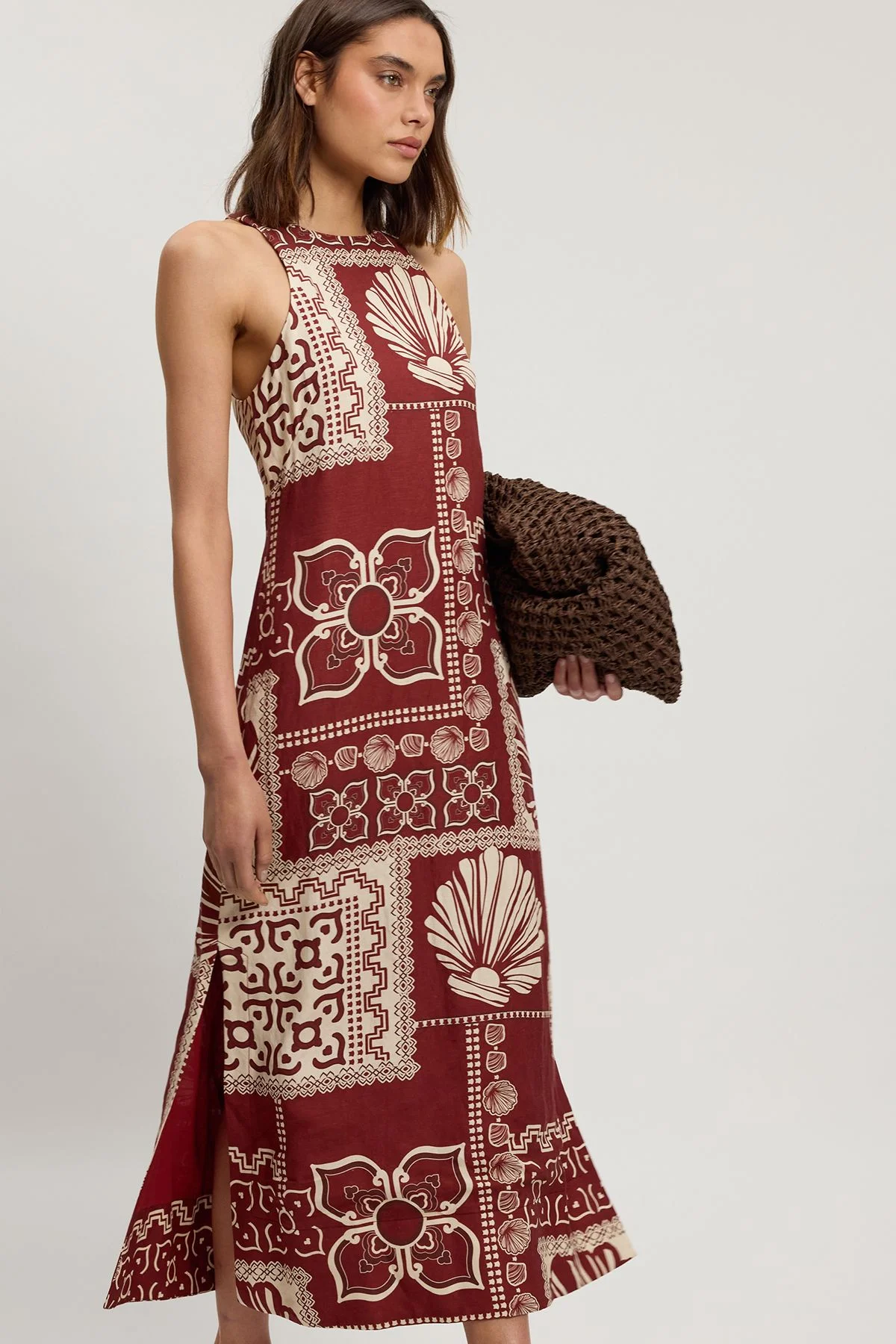 Linen Viscose Tile Print Woven Midi Dress - 1