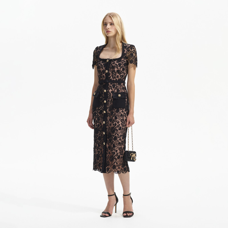 self-portrait Black Guipure Lace Short Sleeve Midi Dress - RS24-984M-B |  REVERSIBLE
