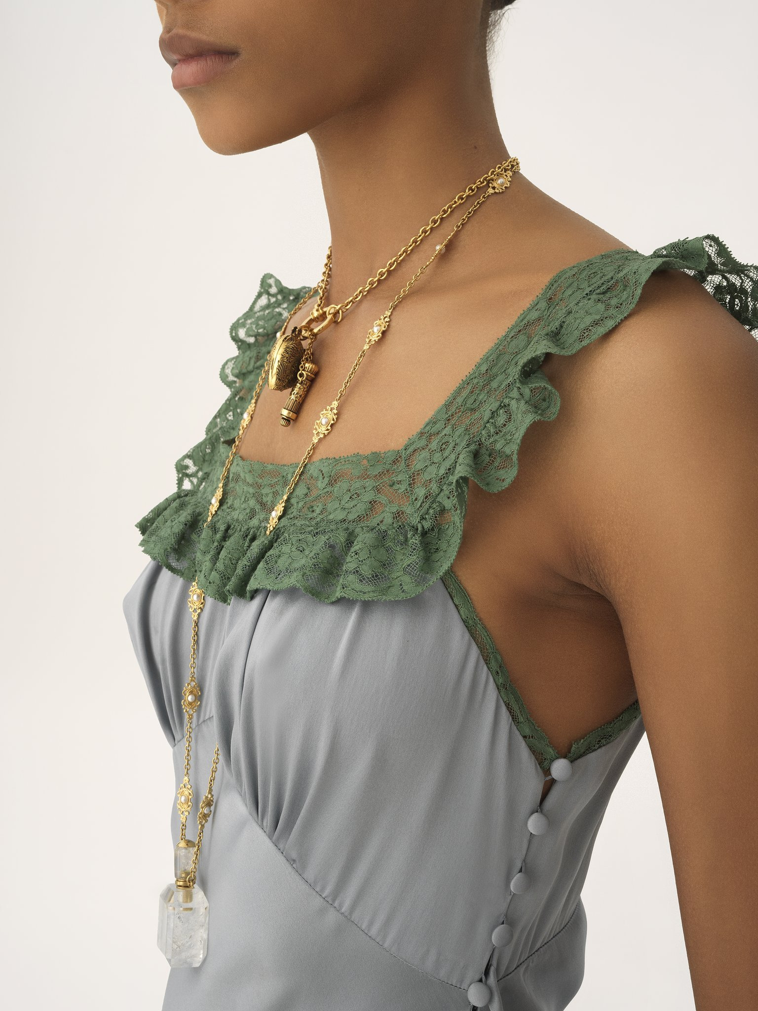 SLEEVELESS COLUMN DRESS IN WASHED SILK SATIN & LACE - 7