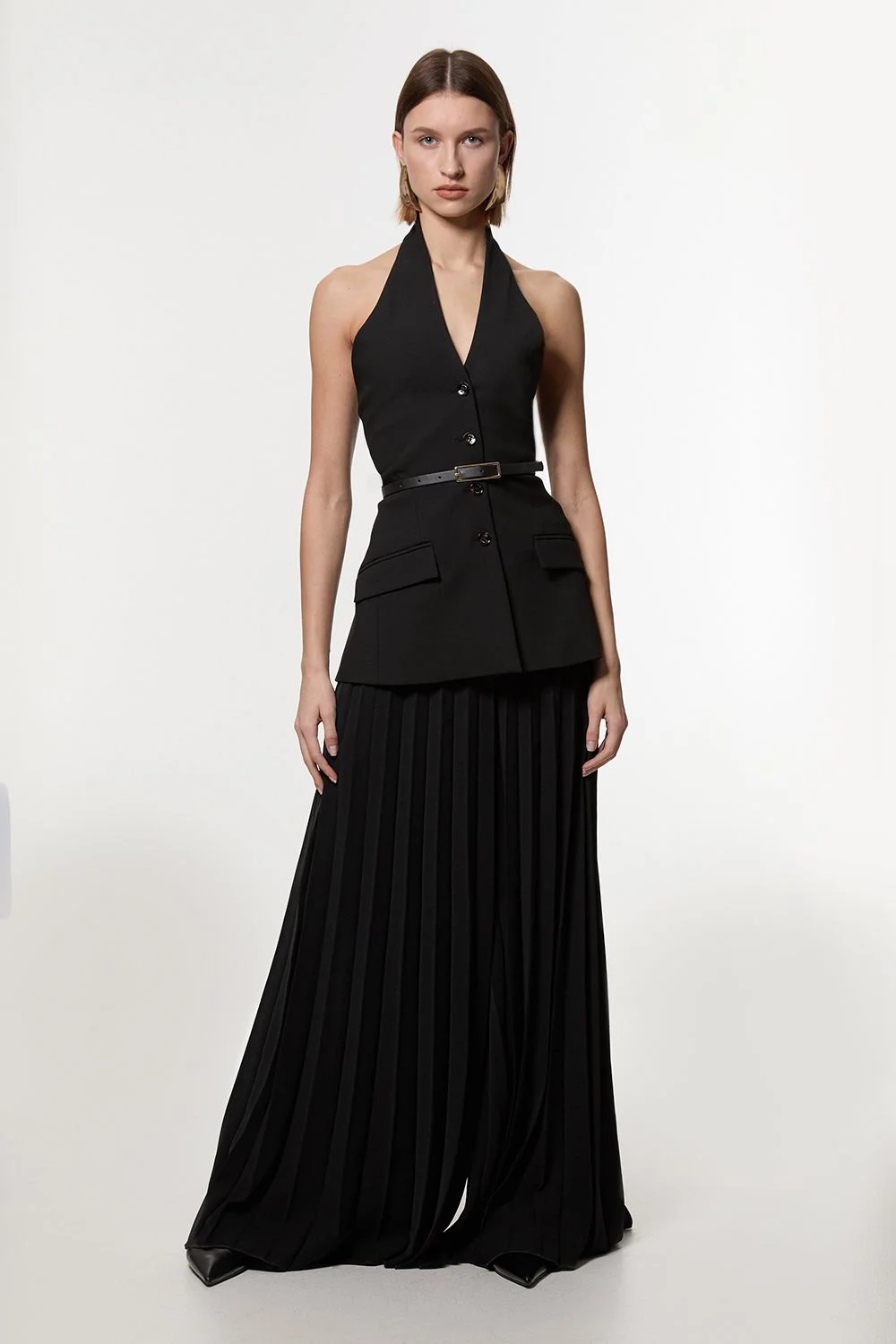 Petite Compact Stretch Halter Neck Pleated Wide Leg Jumpsuit - 1
