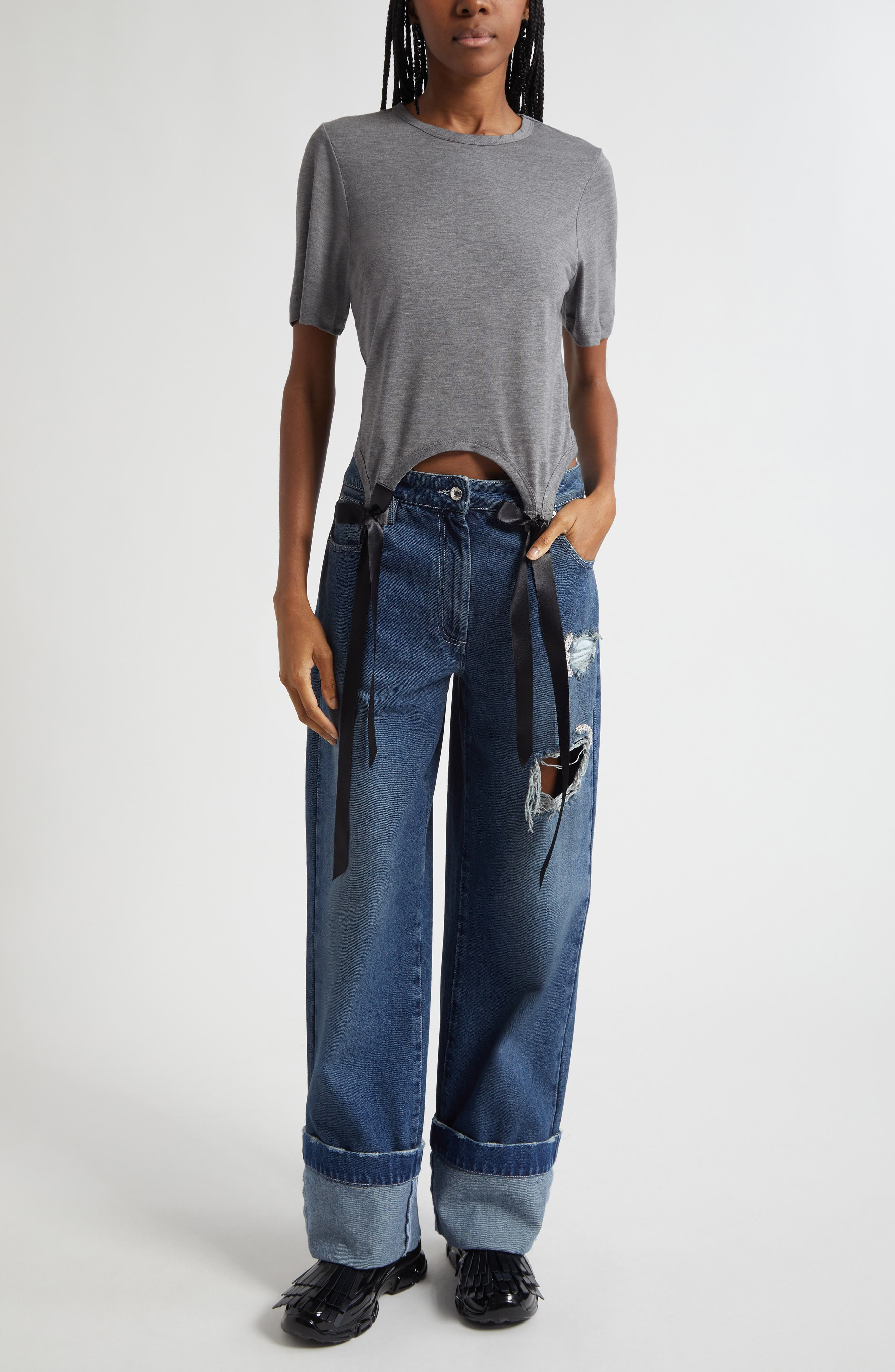 Simone Rocha Embellished Distressed Straight Leg Jeans in Distressed Blue/Pearl/Clear at Nordstrom - 2