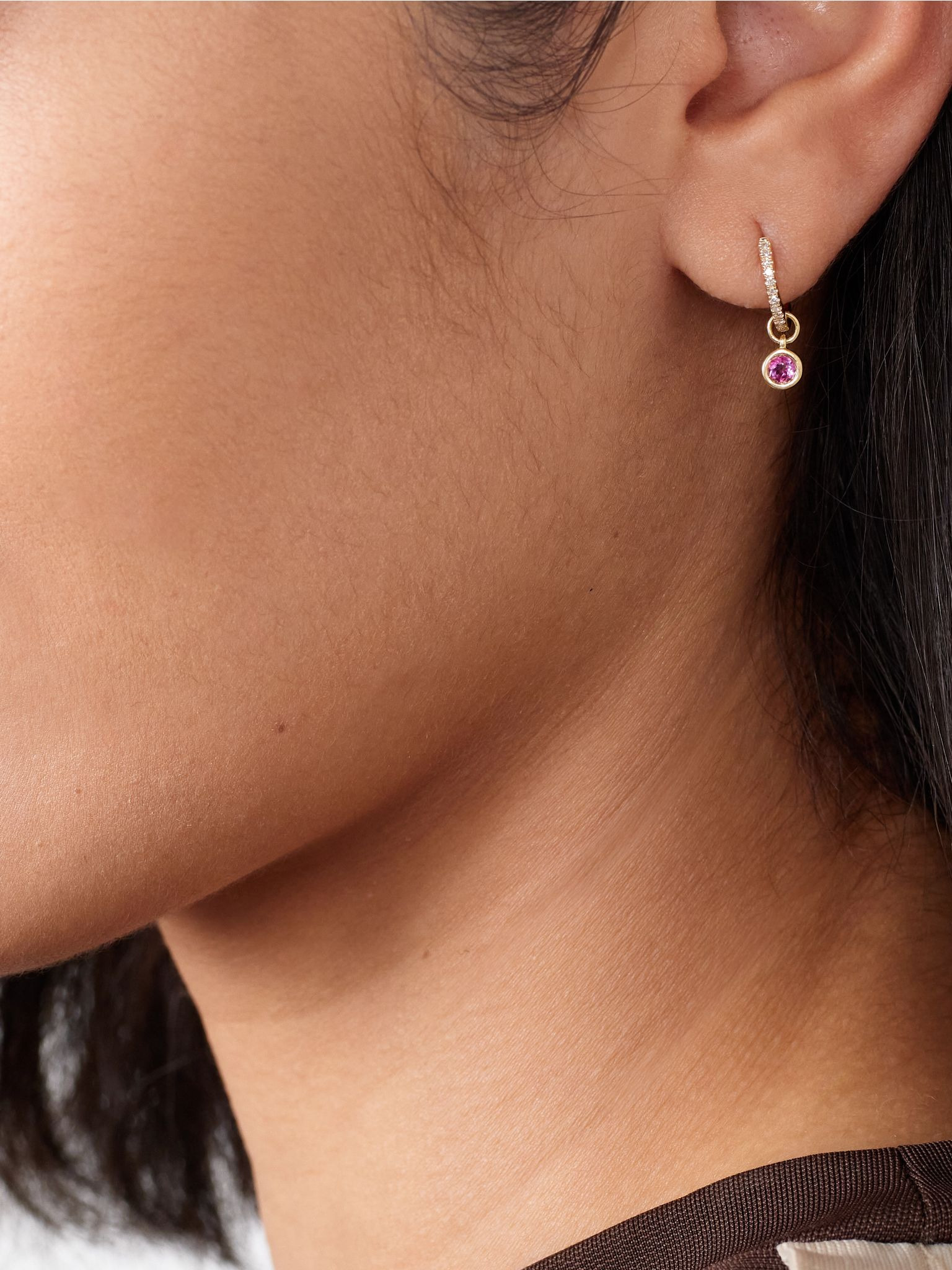 Orchid 10-karat gold, topaz and diamond single hoop earring Pink - 2