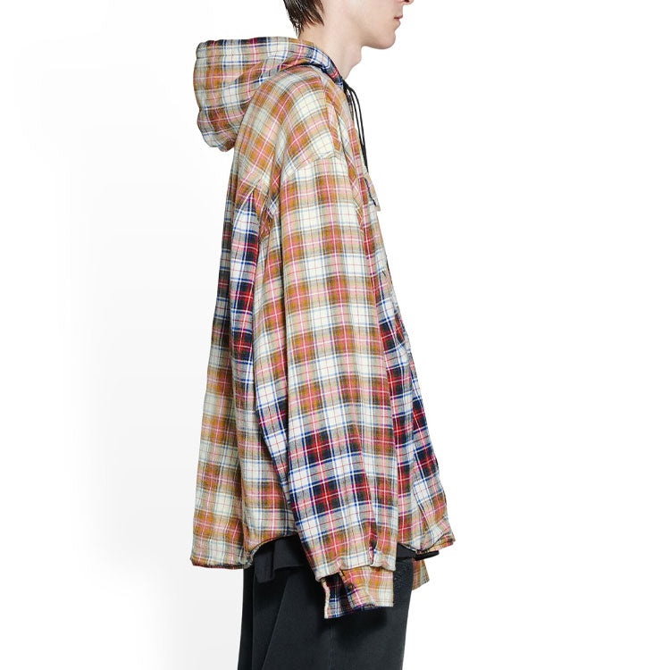 Balenciaga Bleached Plaid Long Sleeve Hooded Shirt 'Red White Black' 699223TMM059783 - 5