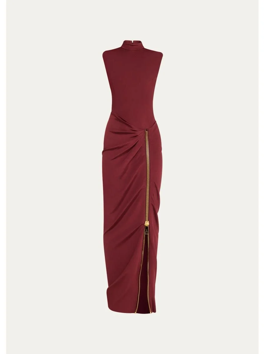 Mock-Neck Zip Slit Sleeveless Gown - 1