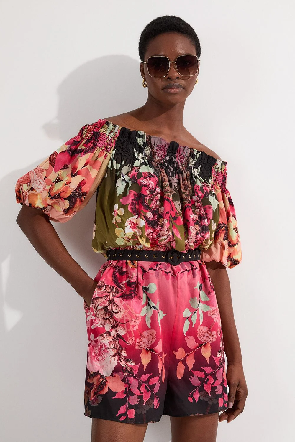 Voile Mirrored Floral Woven Bardot Playsuit - 1