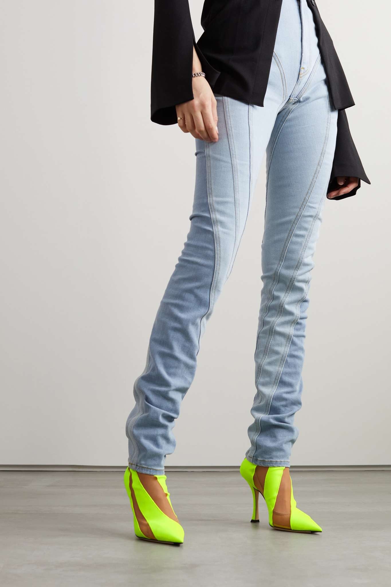 + Mugler 100 two-tone neon jersey and mesh sock boots - 2