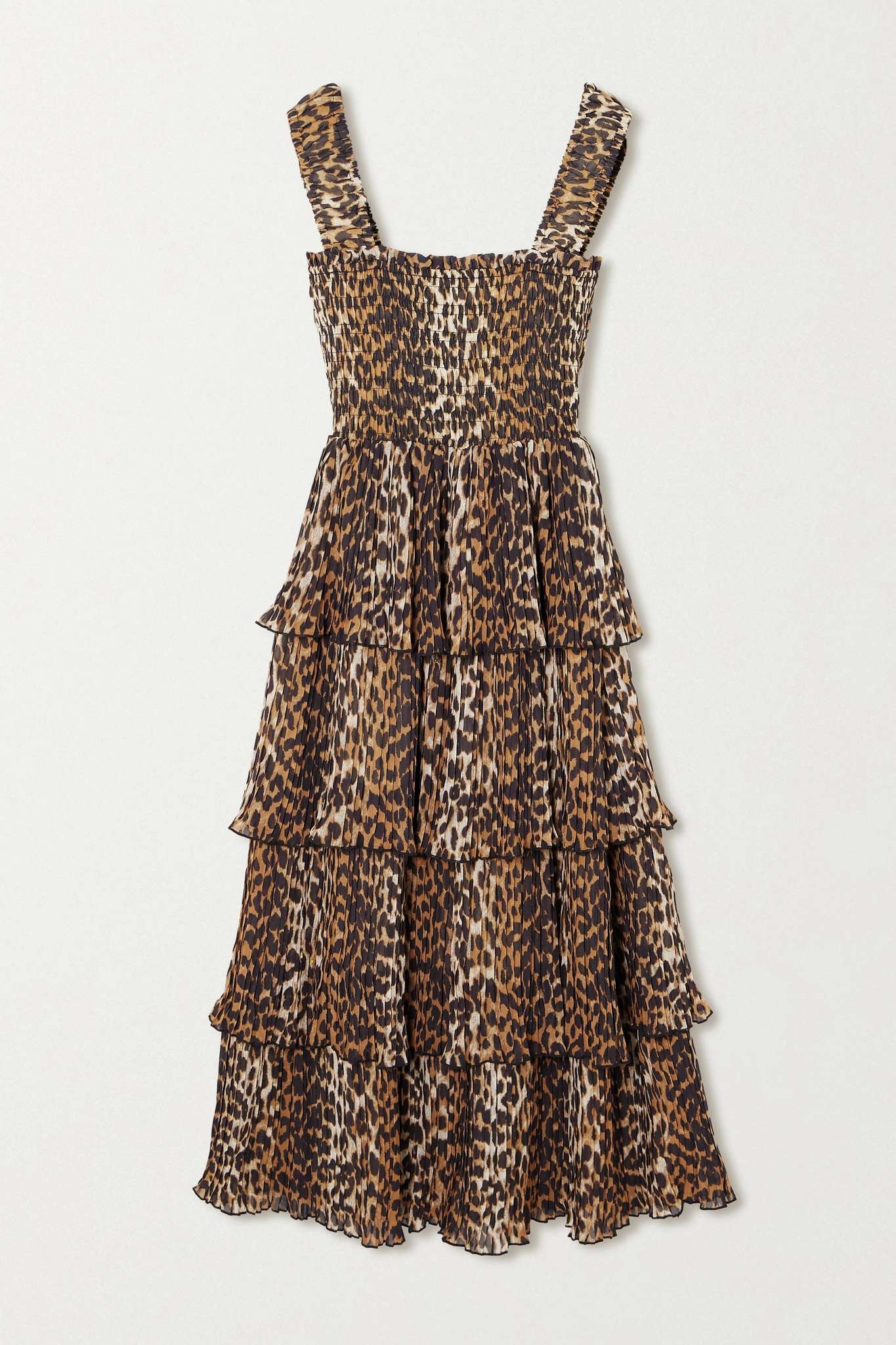 Pleated smocked leopard-print recycled-georgette midi dress - 1