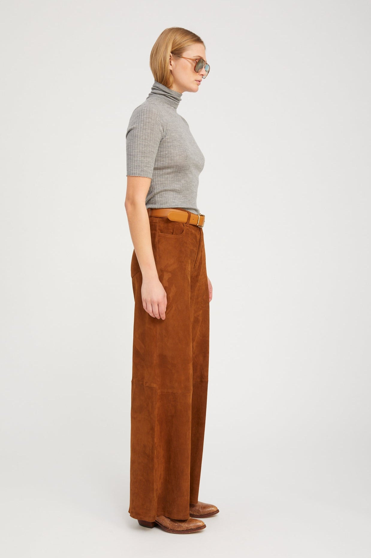 DARK COGNAC SUEDE 5 POCKET WIDE LEG - 3