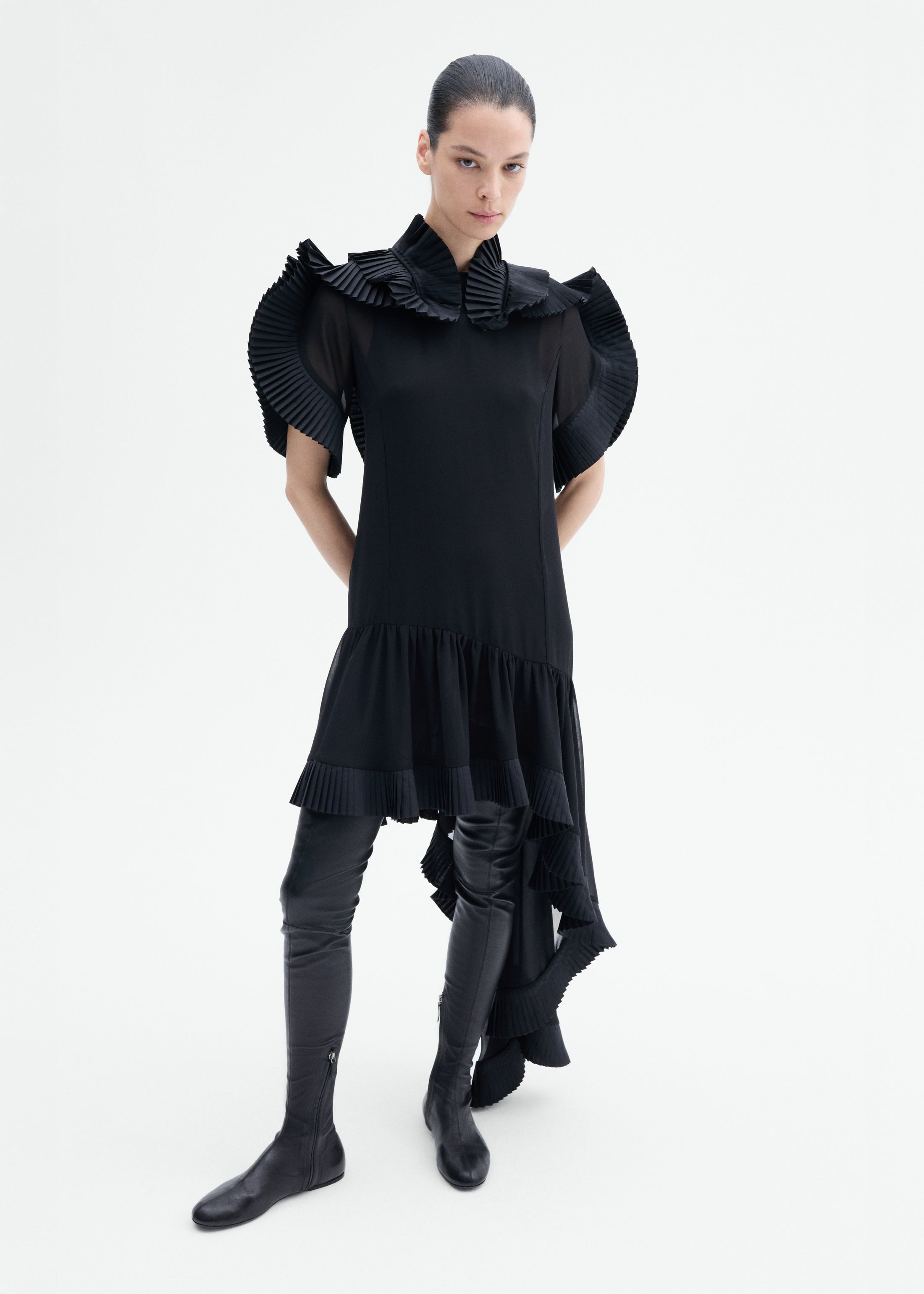Asymmetric Pleated Georgette Dress - 2