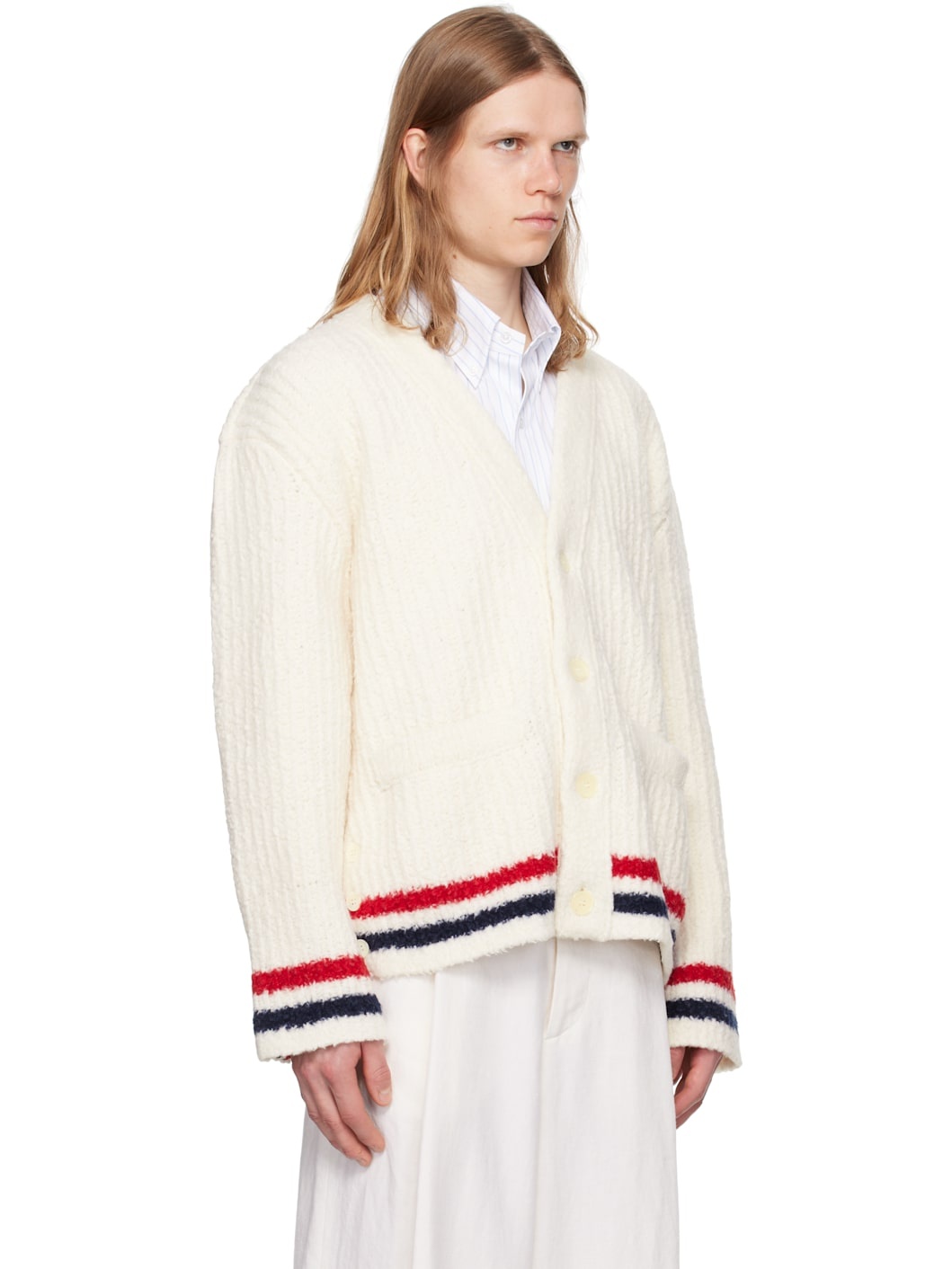 White Chunky Rib Stitch V Neck Cardigan - 2