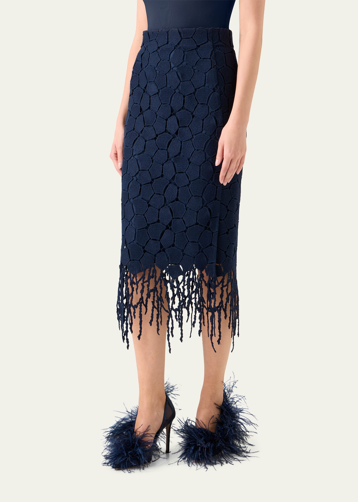 Broken Stone Guipure Fringed Midi Pencil Skirt - 4