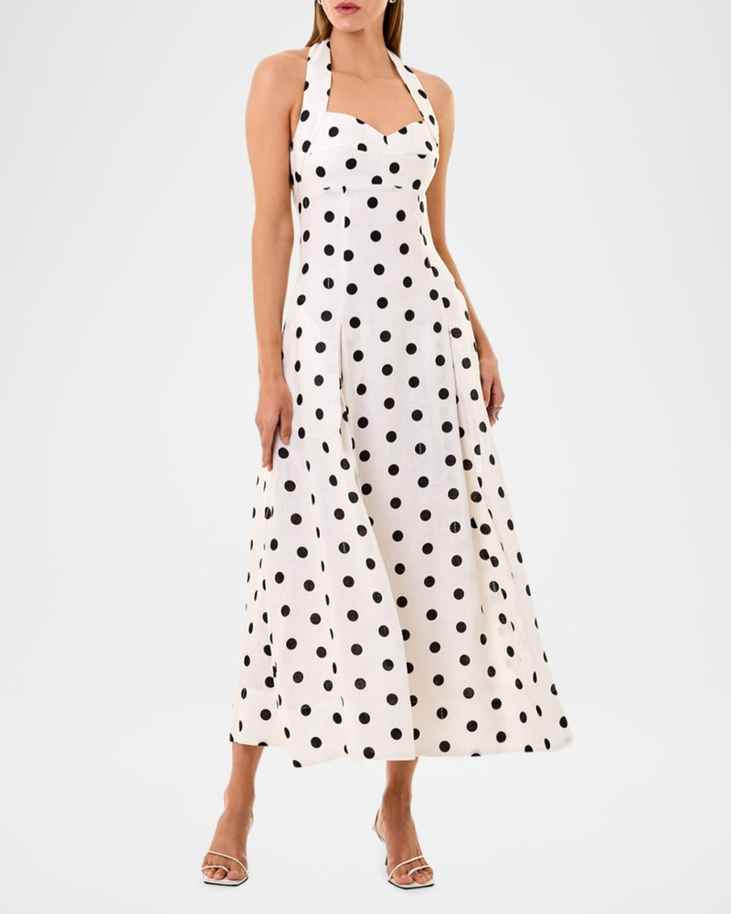 NICHOLAS Seraphina Pleated Polka Dot Halter Midi Dress outlook