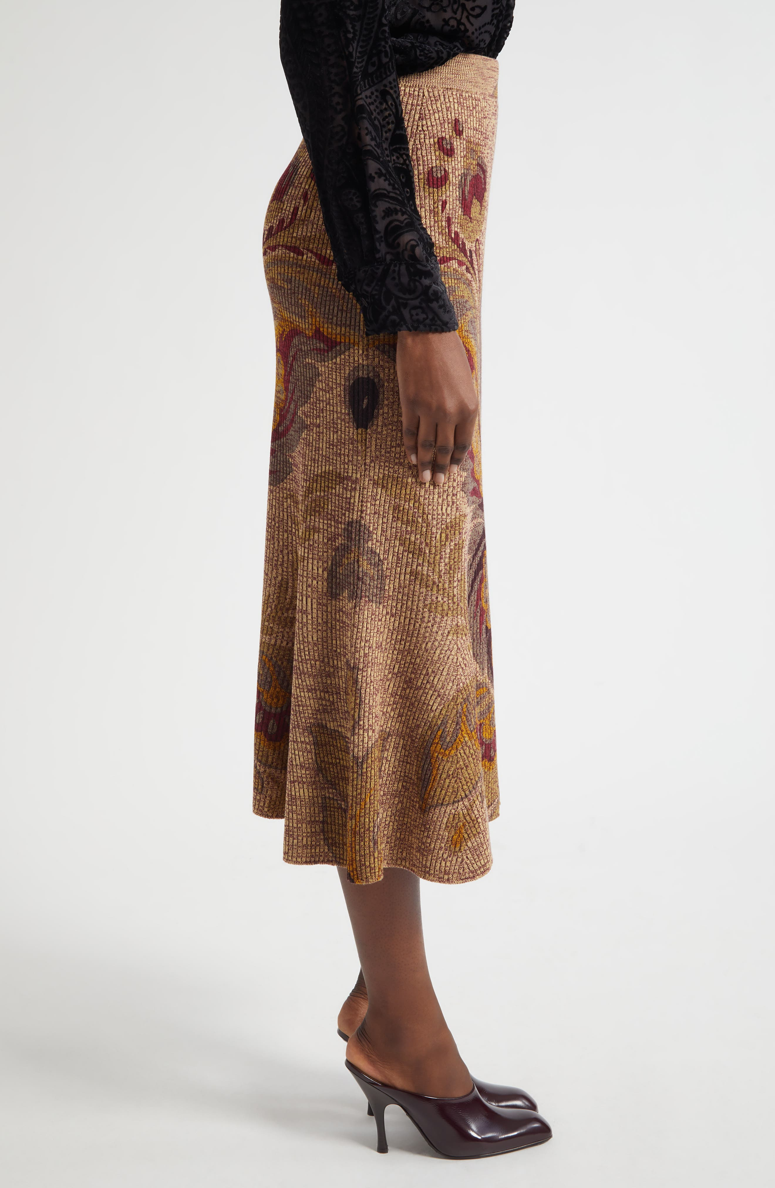 Etro Paisley Rib Wool Trumpet Skirt in Beige Multi at Nordstrom - 3