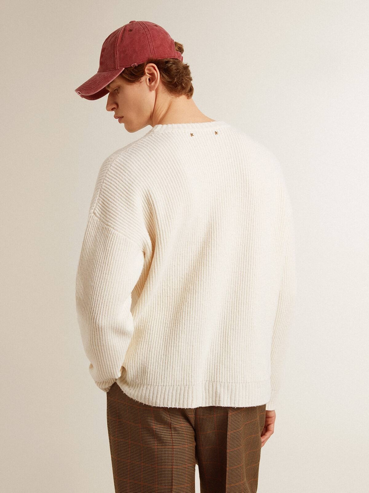 Men's crew-neck sweater in worn white ribbed wool - 4