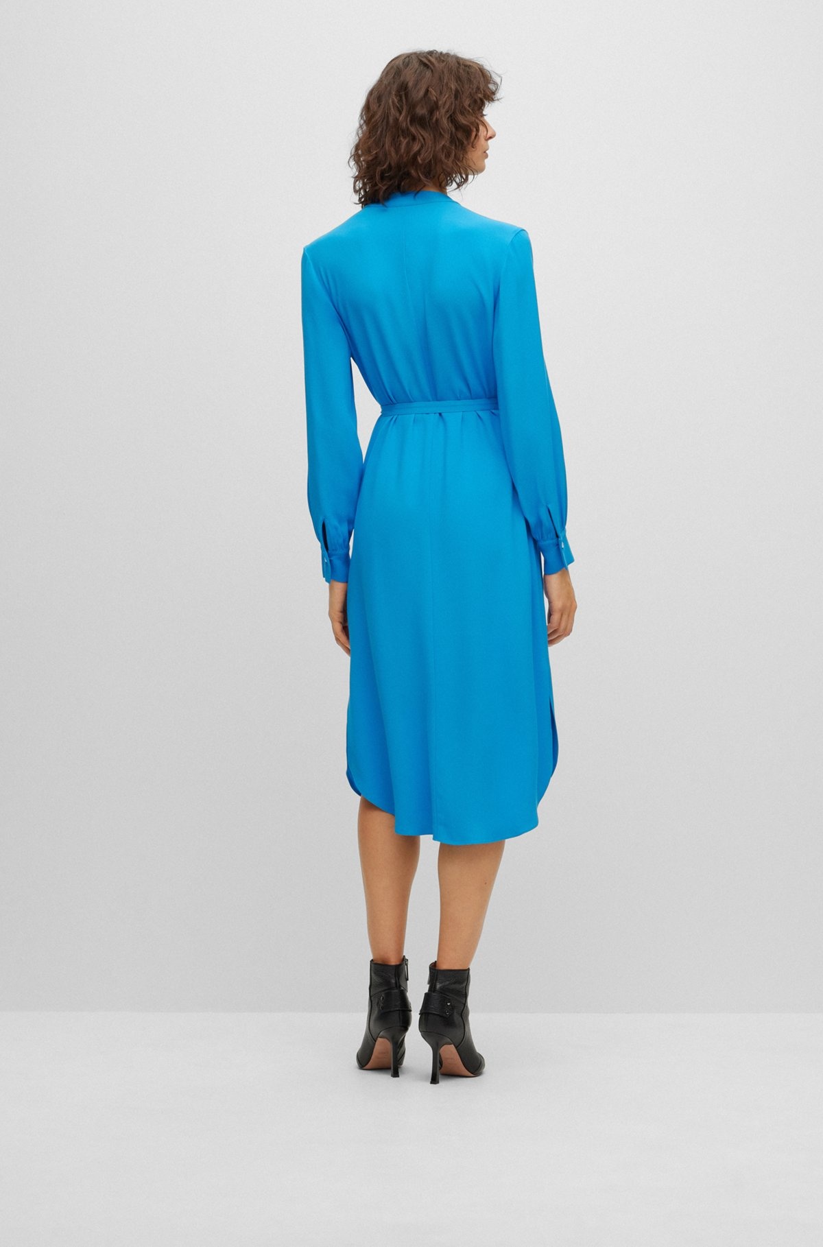 BELTED DRESS WITH COLLARLESS V NECKLINE AND BUTTON CUFFS - 4