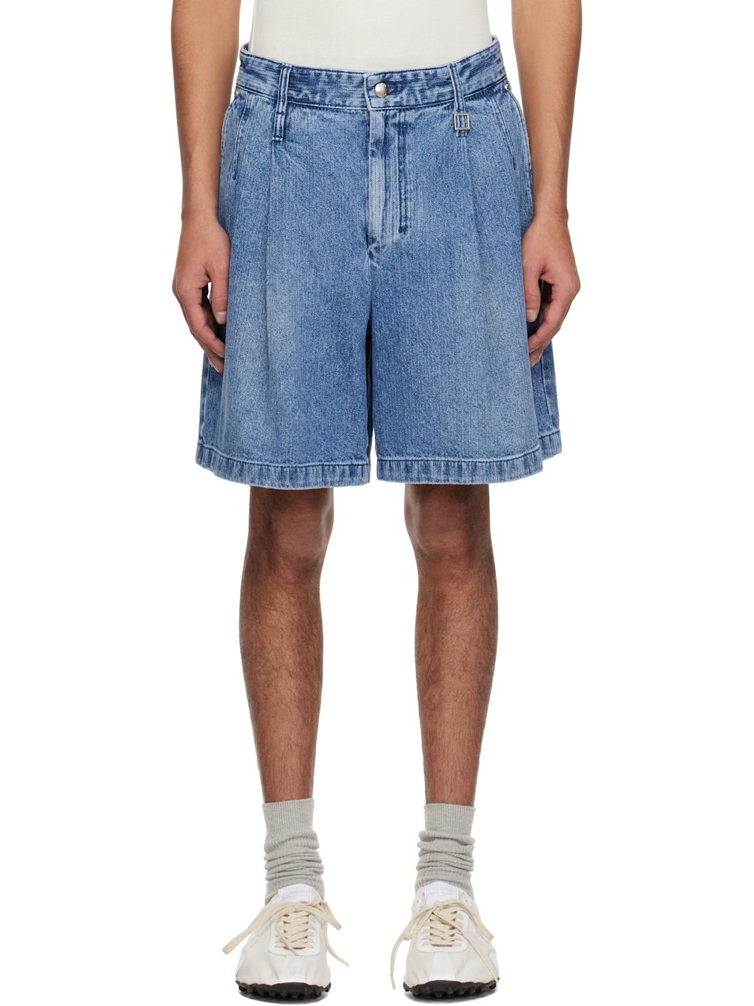 Blue One-Tuck Washed Corduroy Denim Shorts - 1