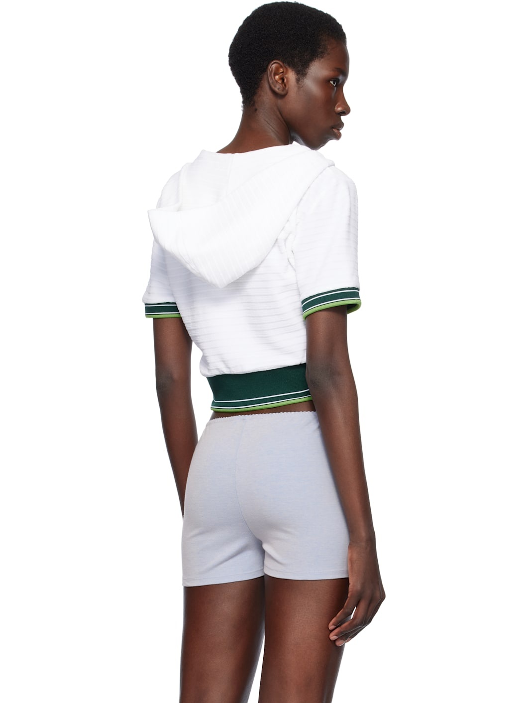 White Textured Velour Tennis Cropped Hooded T-shirt - 3