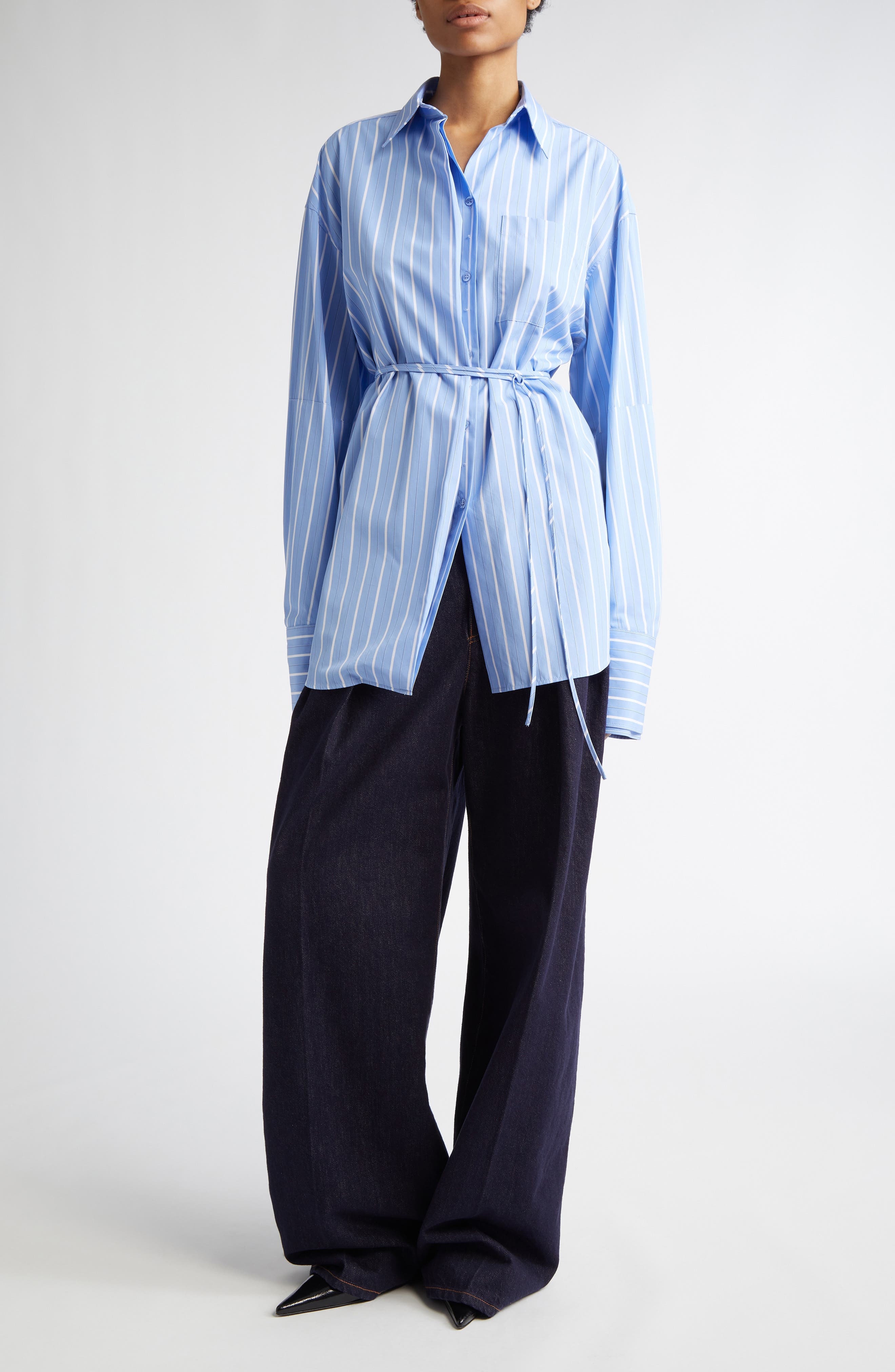SPORTMAX Firma Stripe Oversize Cotton Button-Up Shirt in Light Blue at Nordstrom - 2