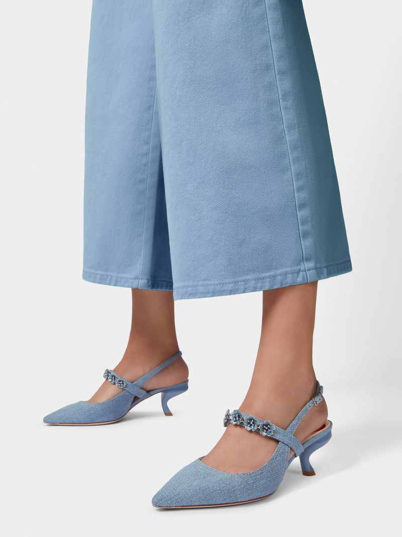 Virgule Flower Slingback Pumps in Denim 8