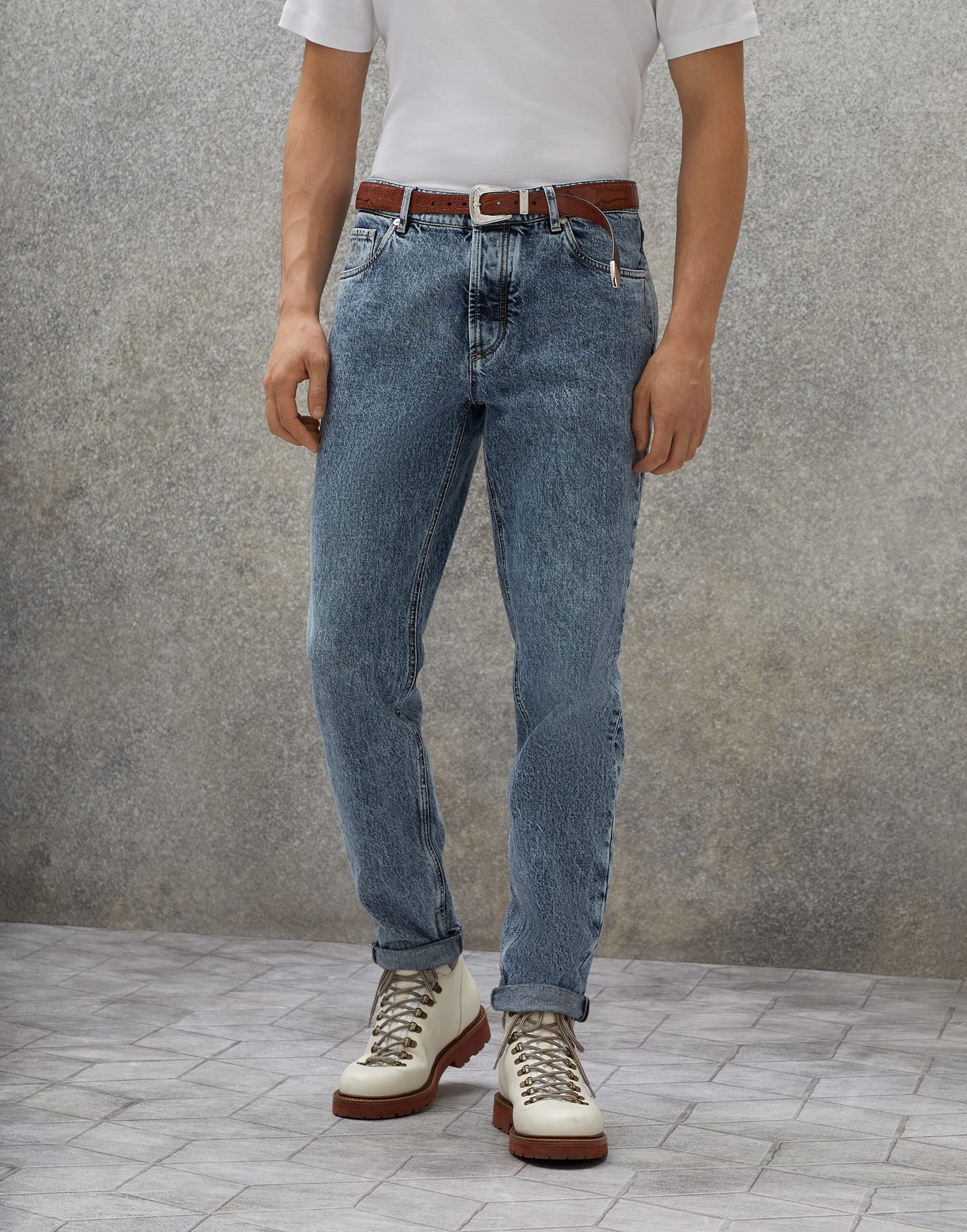 Aged denim traditional fit five-pocket trousers - 1