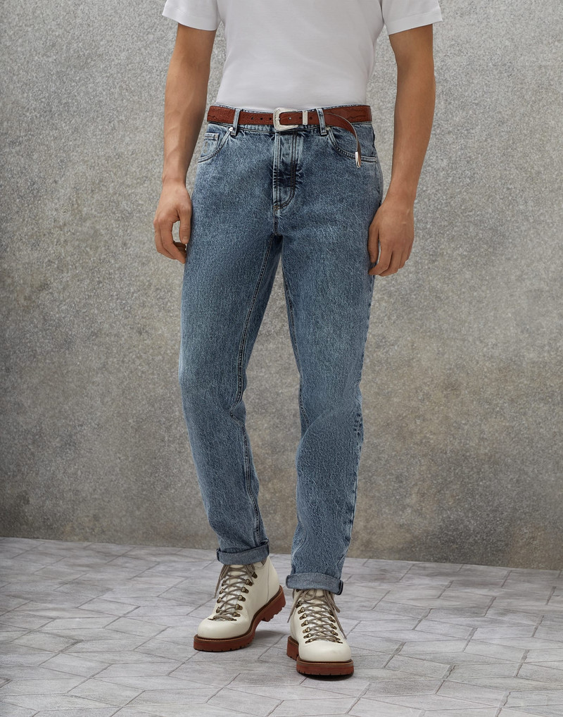 Aged denim traditional fit five-pocket trousers 1