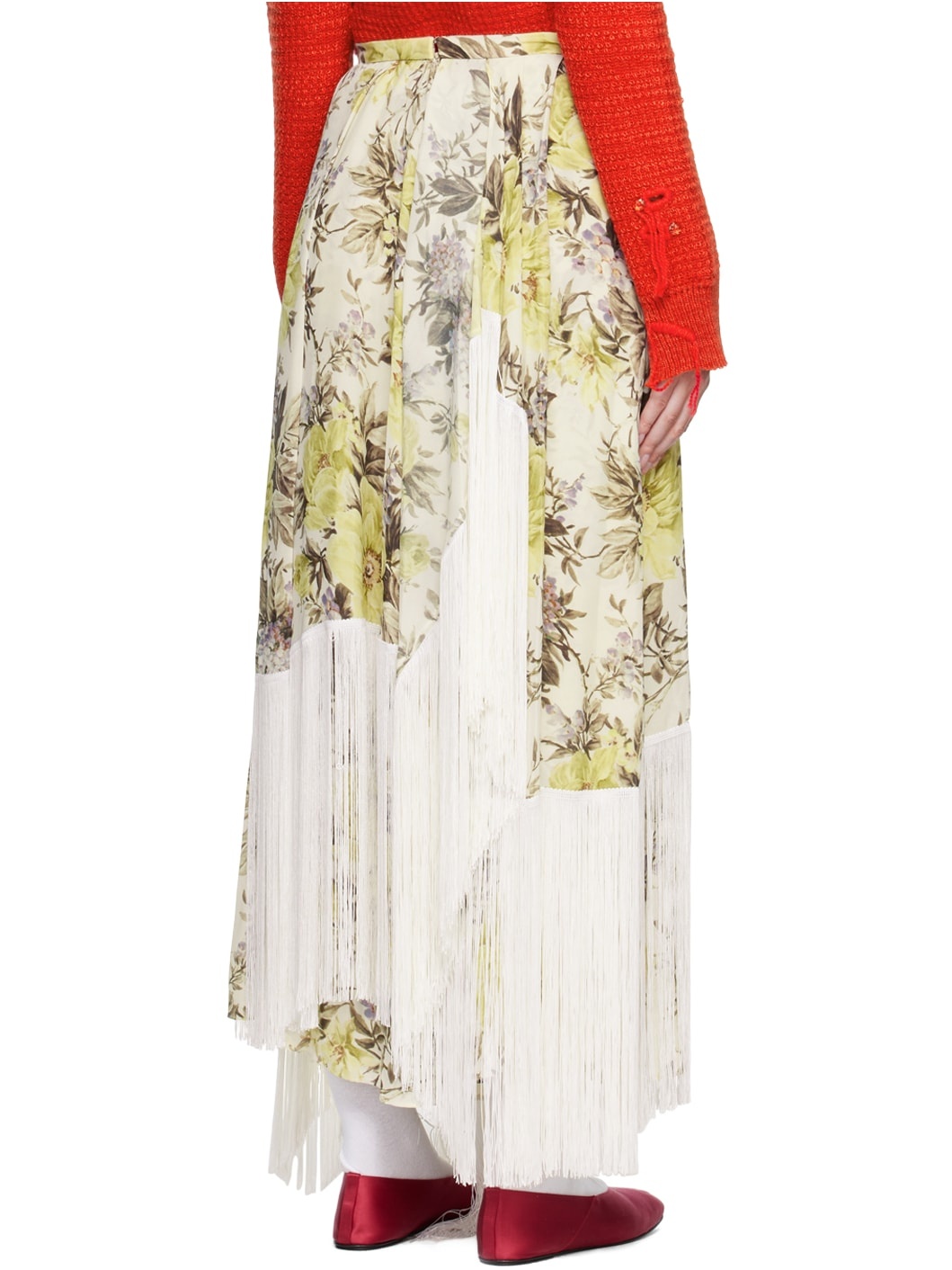 Beige Flower Print Fringe Maxi Skirt - 3