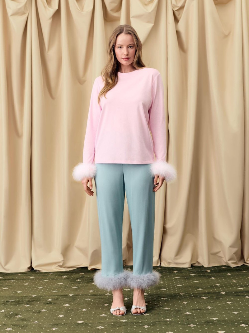 SLEEPER Long Sleeve Stretch-cotton Jersey T-Shirt with Detachable Feathers in Pink outlook