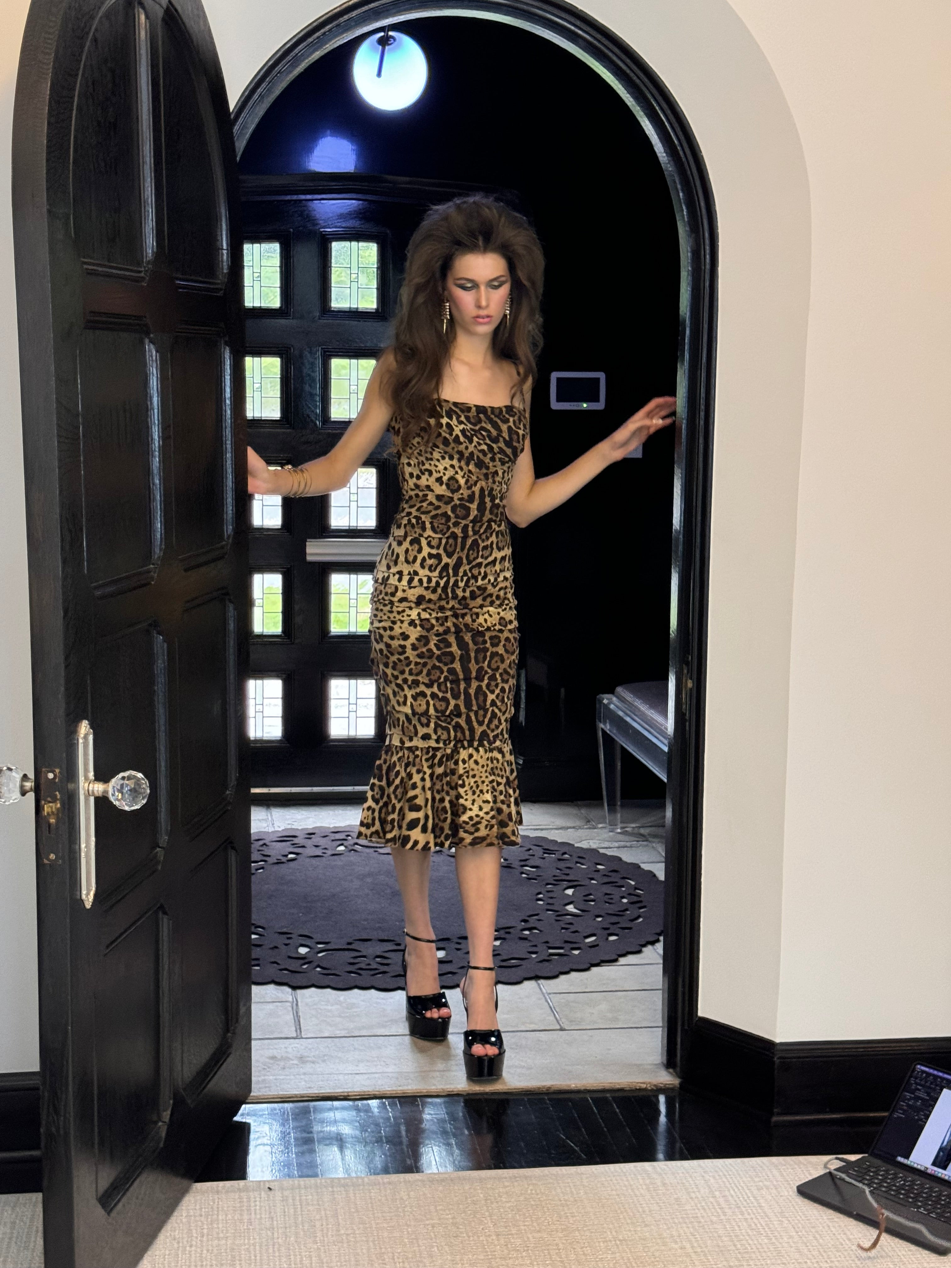 Ruched Leopard Print Silk Cady Midi Dress - 7