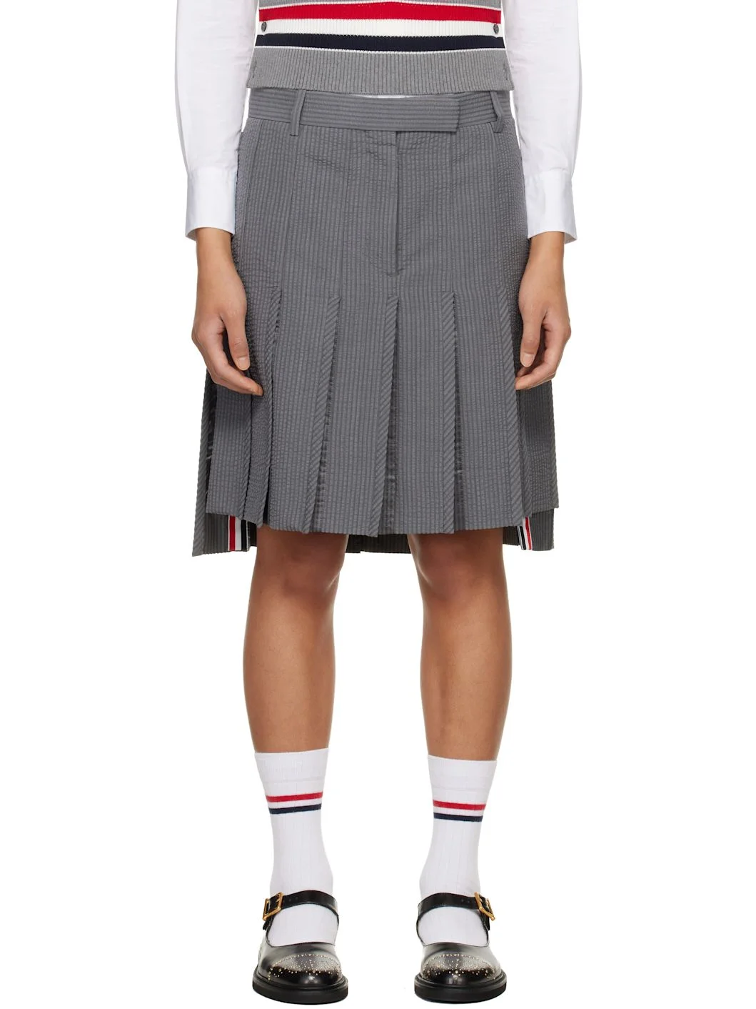 Gray Wool Seersucker Pleated Low Rise Miniskirt - 1