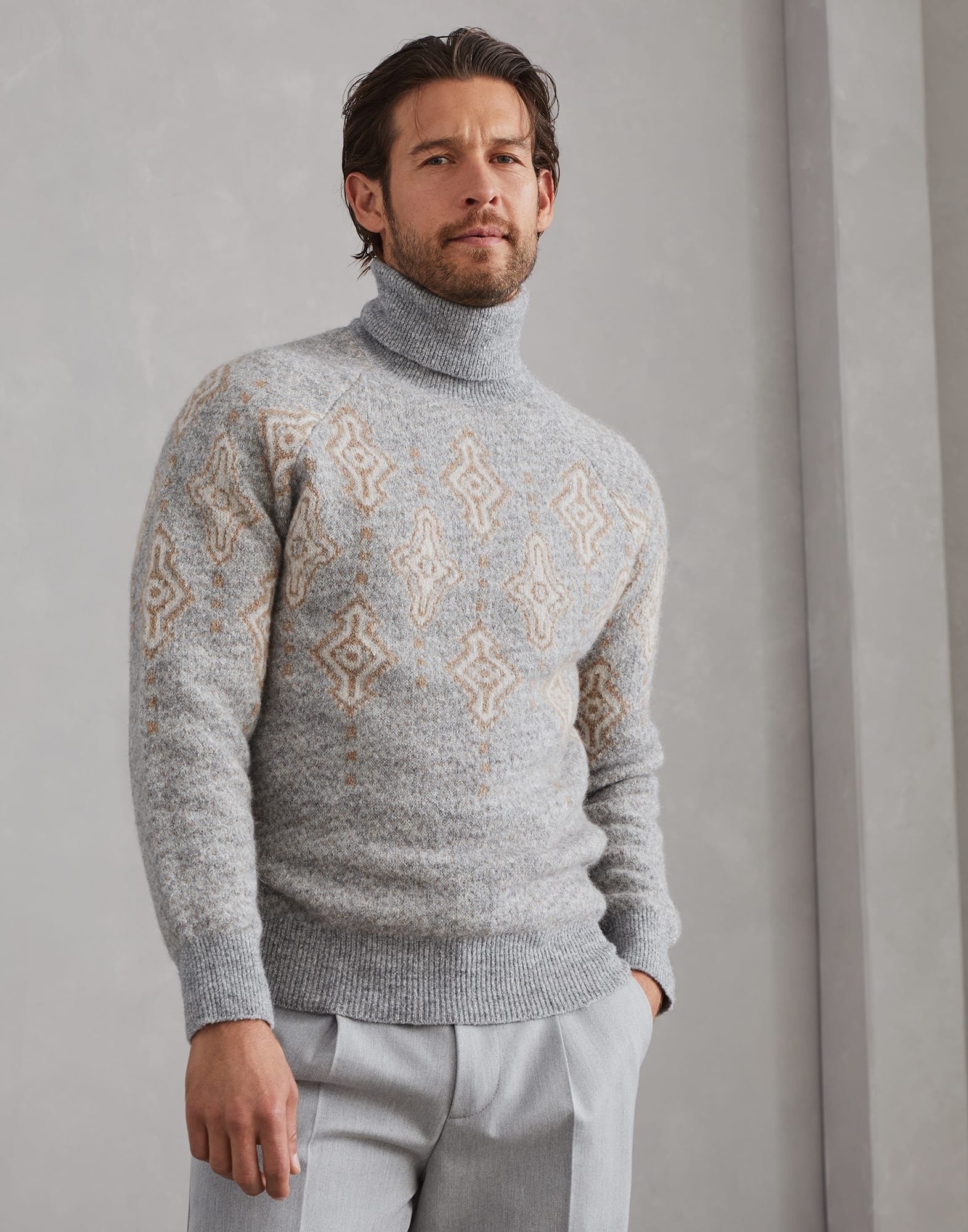 Geometric jacquard turtleneck sweater in alpaca, cotton and wool - 1