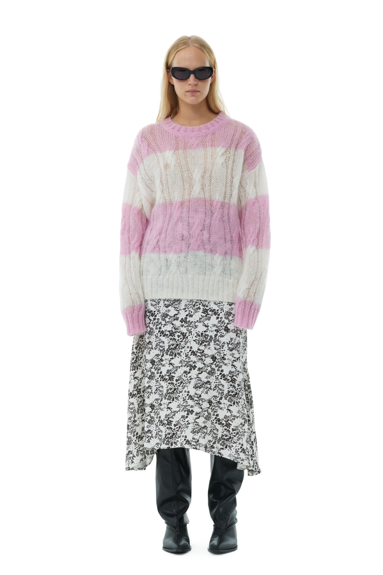 STRIPED MOHAIR CABLE O-NECK SWEATER - 3